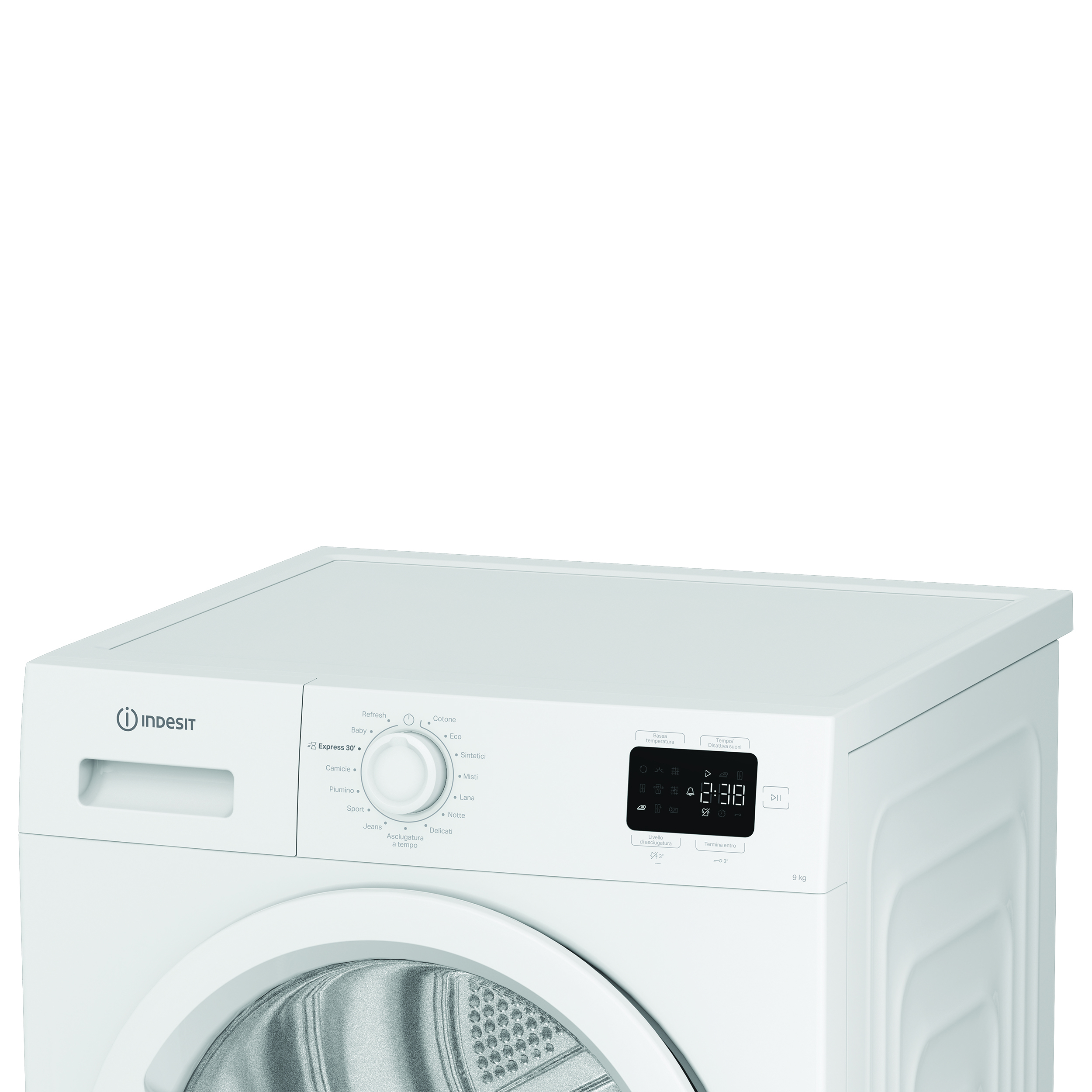Un'asciugatrice Indesit bianca. Ha un pannello di controllo con varie impostazioni e un display digitale.