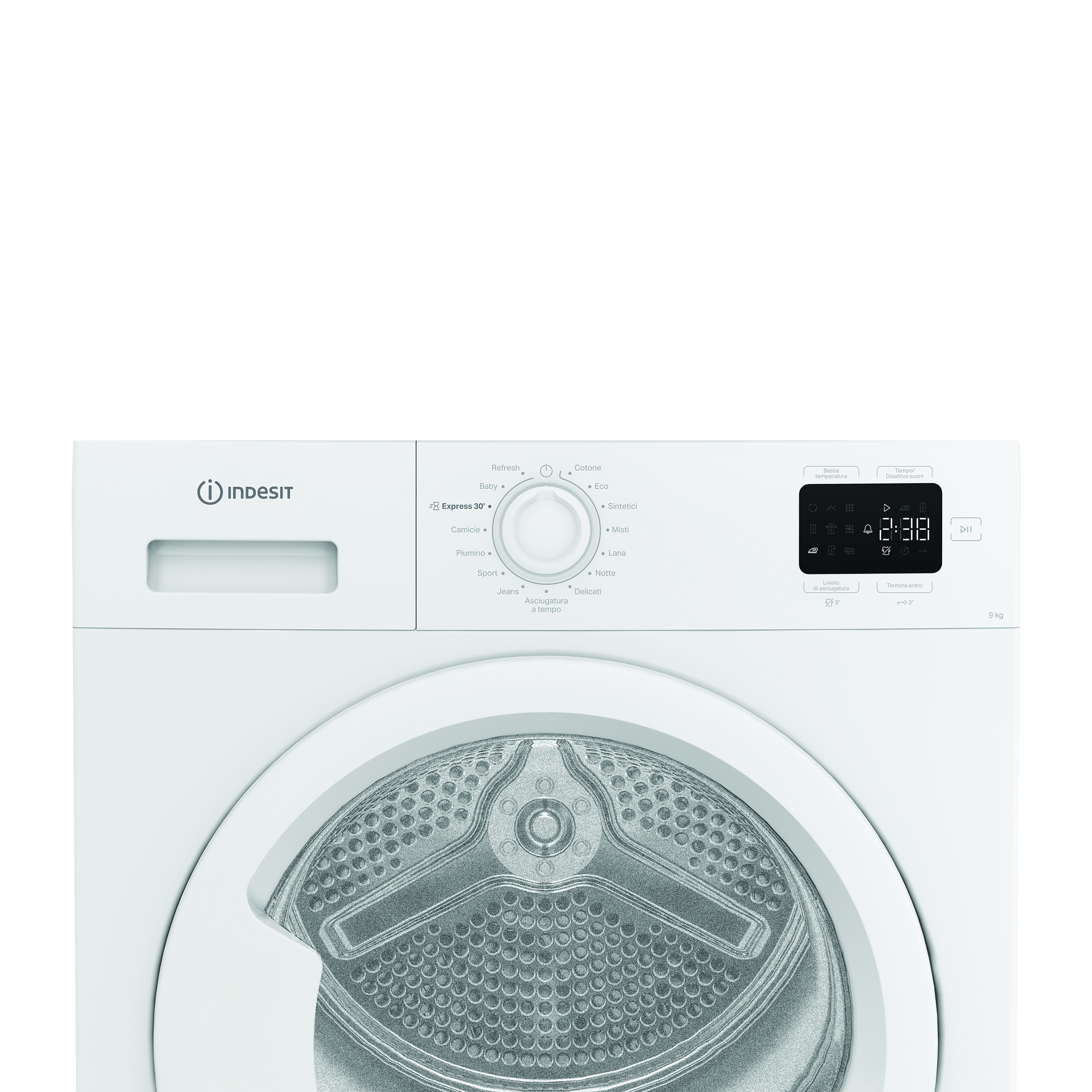 Un'asciugatrice Indesit bianca, il display digitale mostra 2:38. Ha varie opzioni di programma e un'ampia porta.