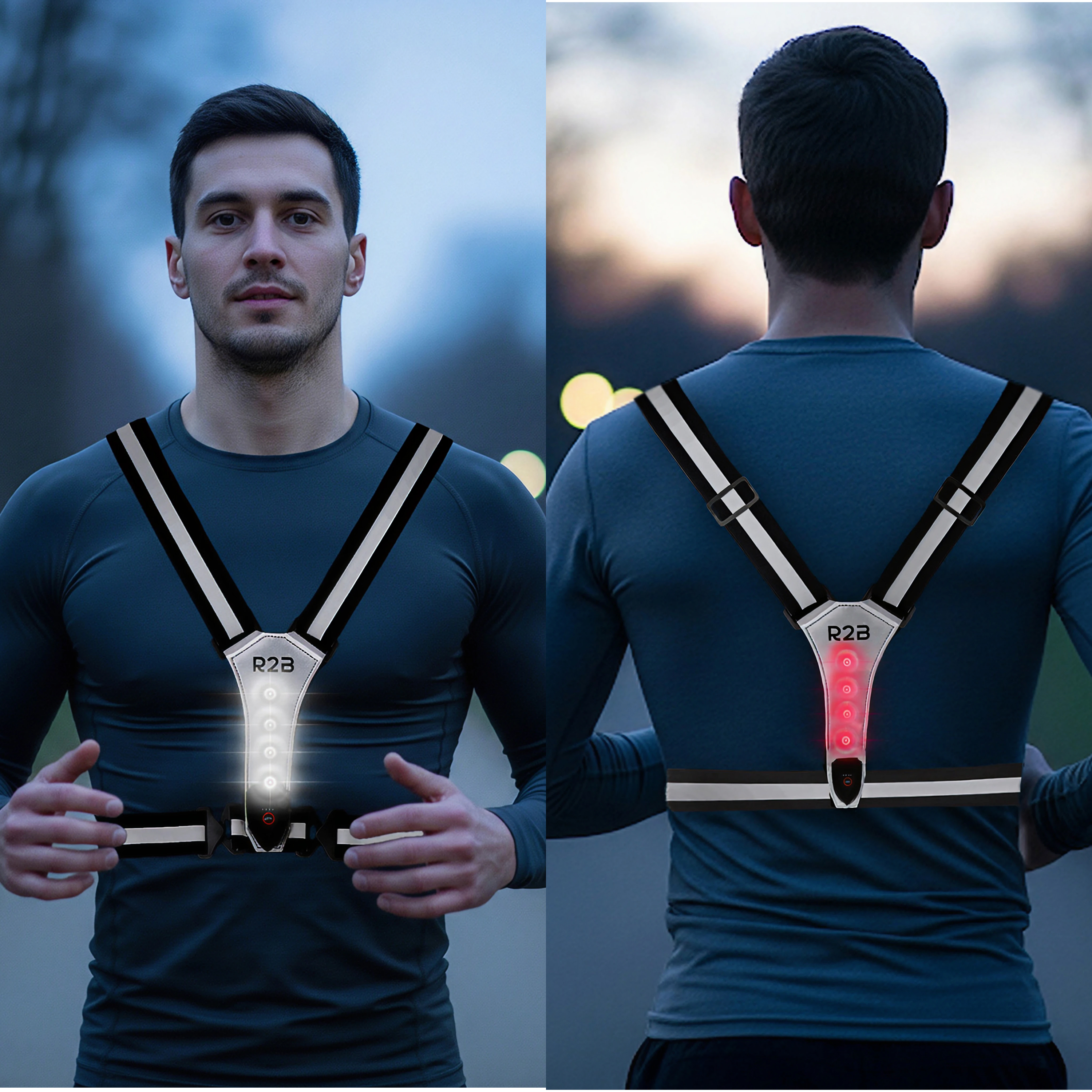 Man wearing reflective vest, front and back views. The vest has lights and reflective straps, ideal for running at night.