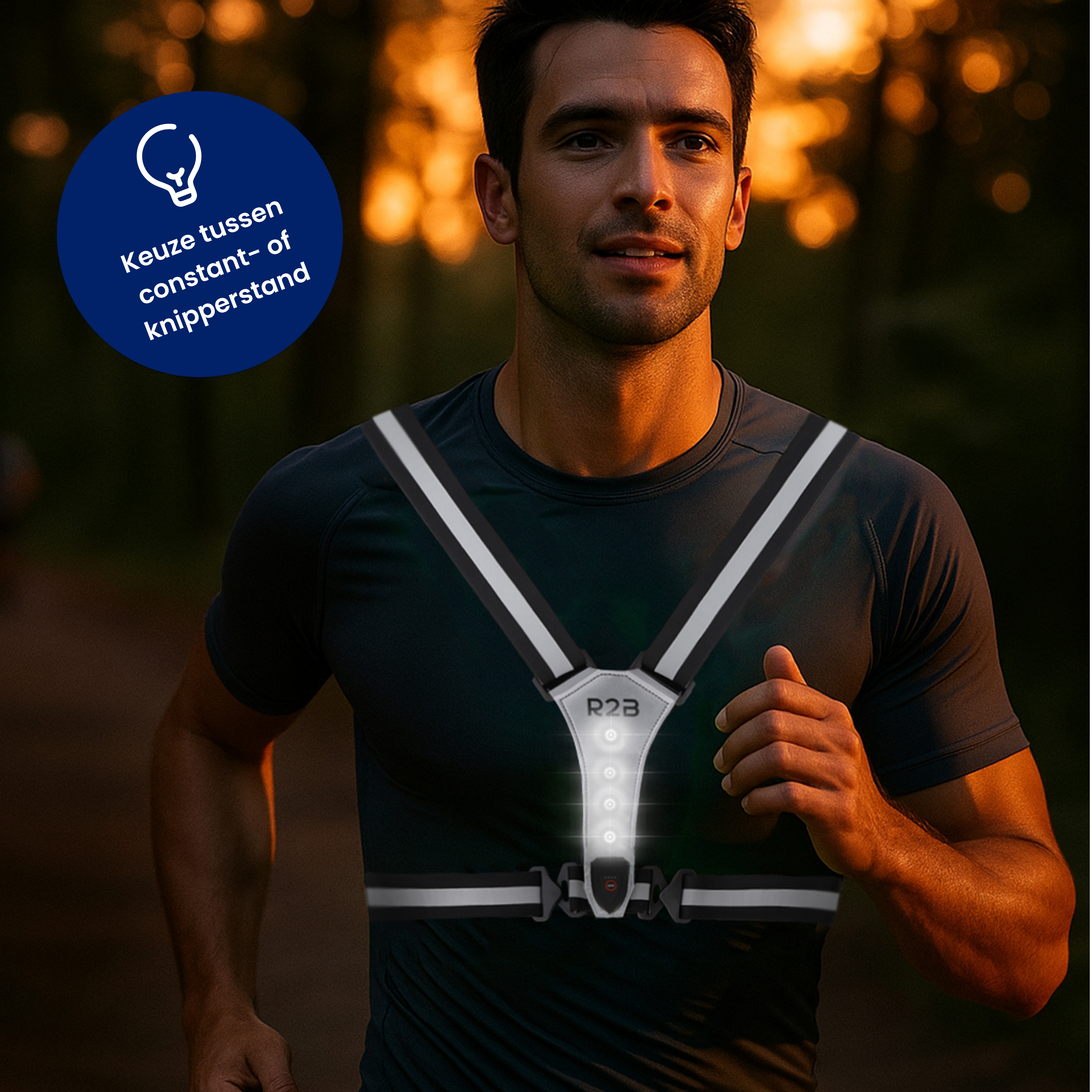 A man runs wearing a reflective vest with lights. Background is blurred trees and sunset colors.