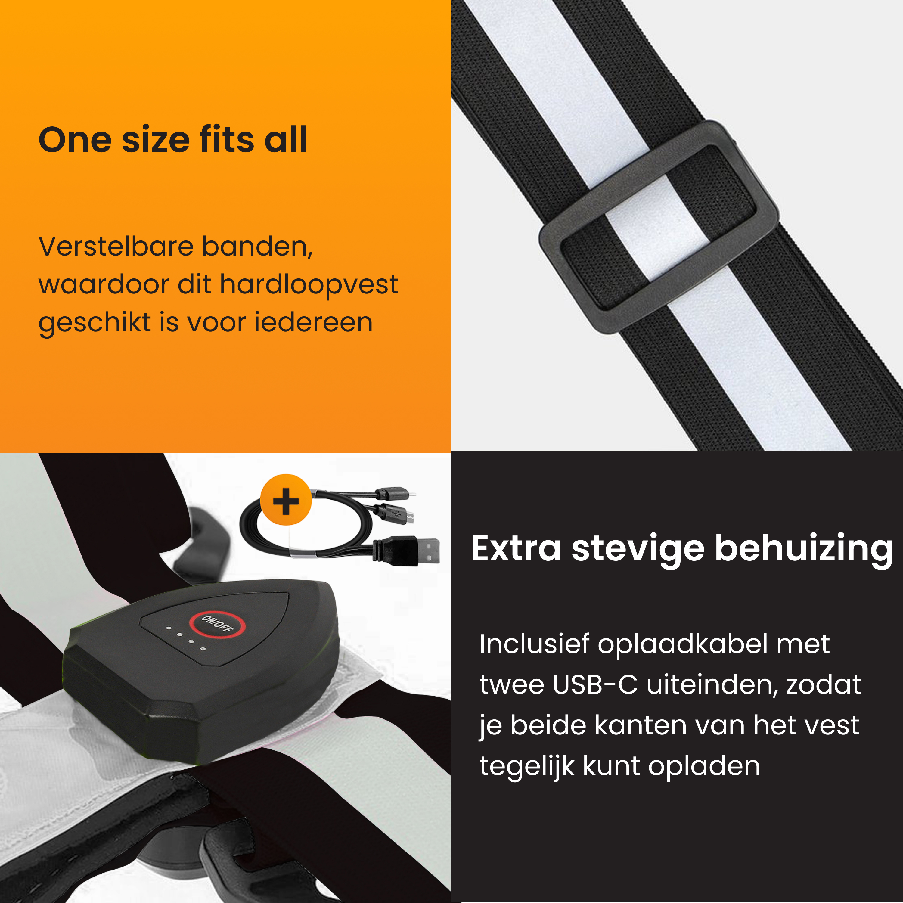 Image shows a running vest with reflective stripes, a charging cable, and text in Dutch.