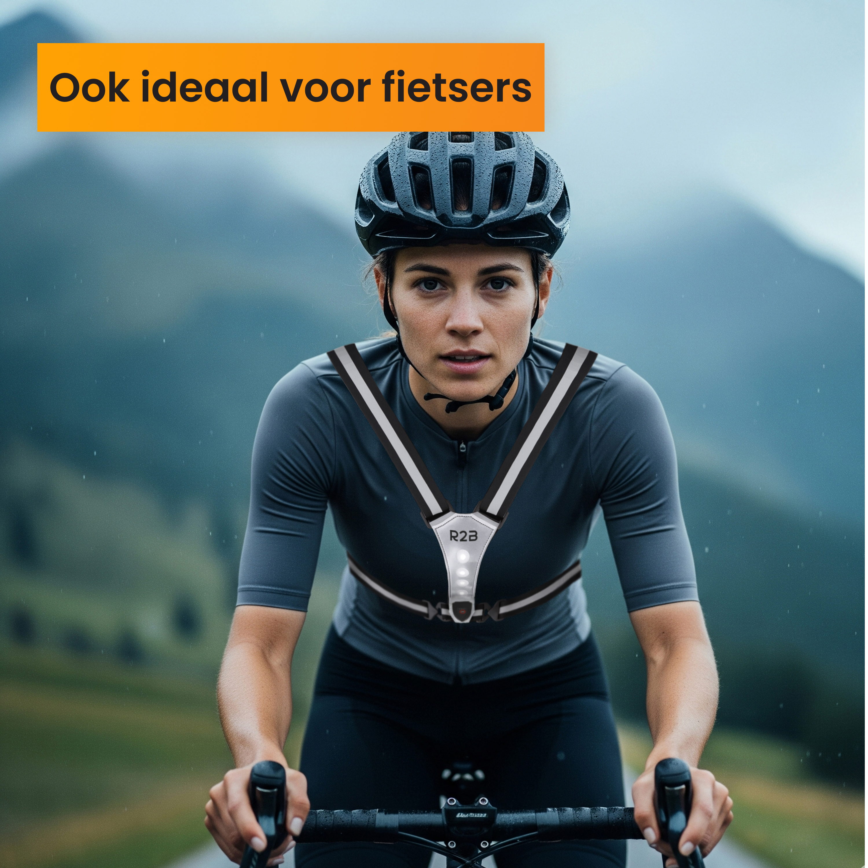 Cyclist wearing a helmet and vest, riding on a wet road. Text: Ideal for cyclists. Background: blurry mountains.