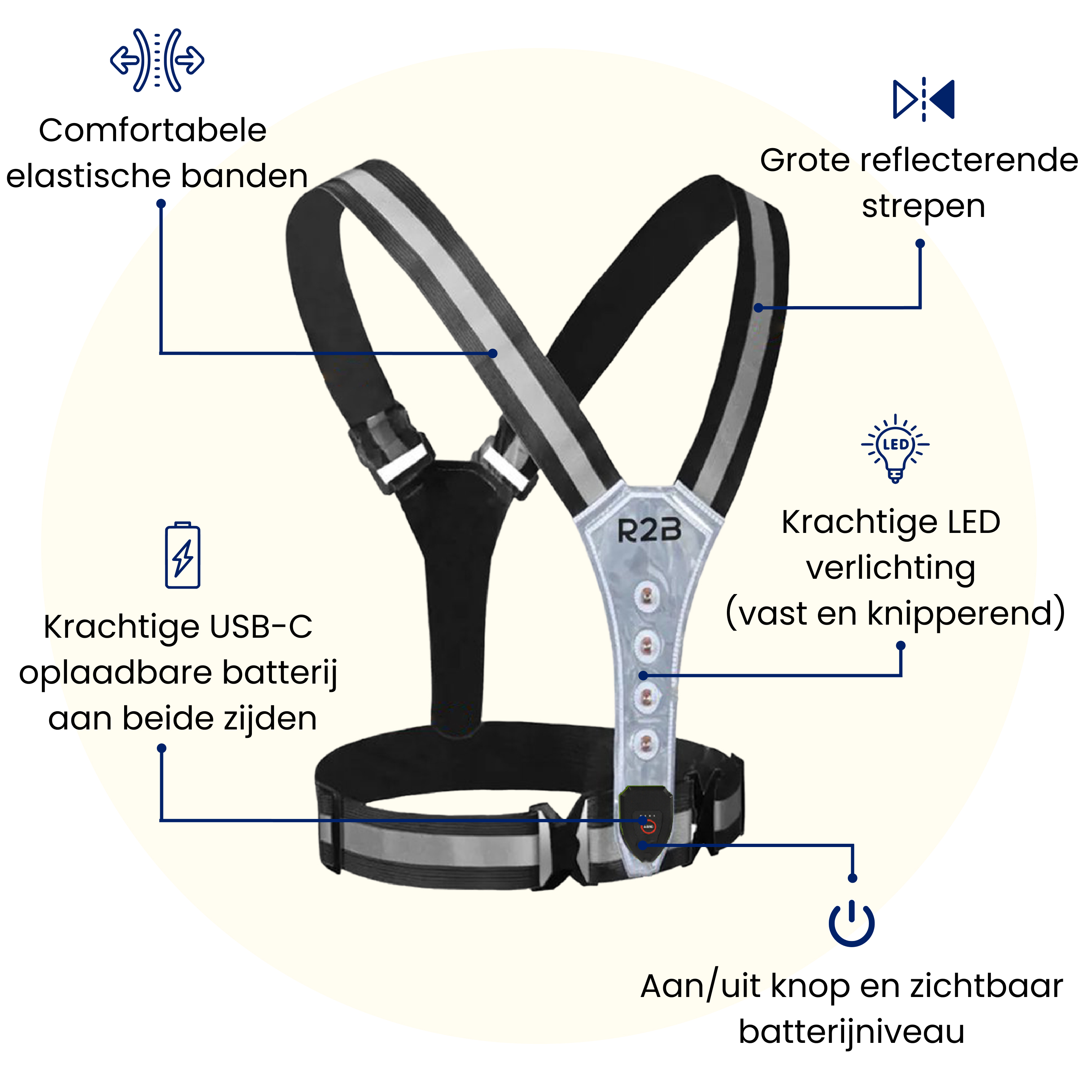 A black and gray safety vest with reflective stripes, LED lights, and USB-C charging.