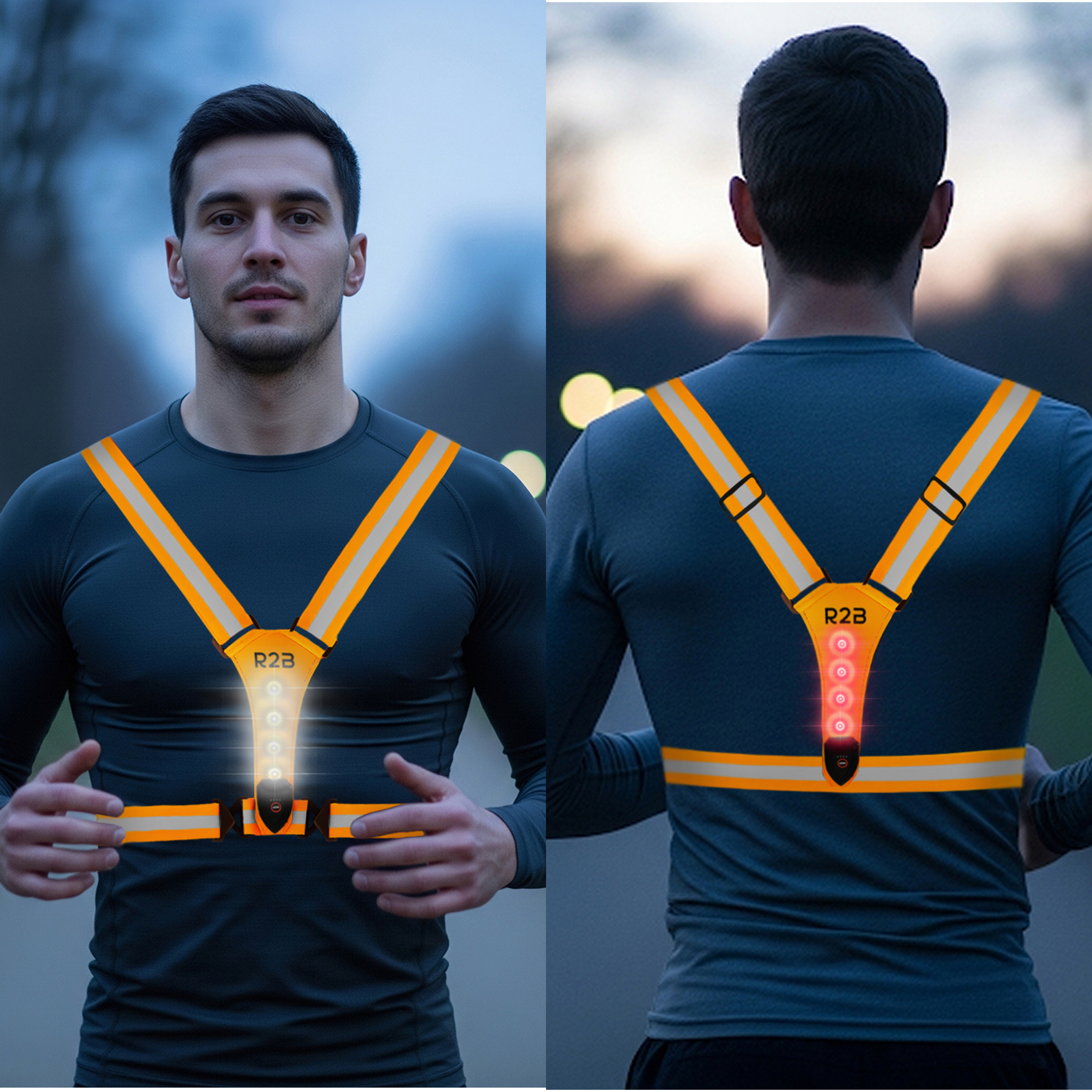 Two men wearing reflective vests. The front shows a lit vest. The back view shows the lit vest as well.