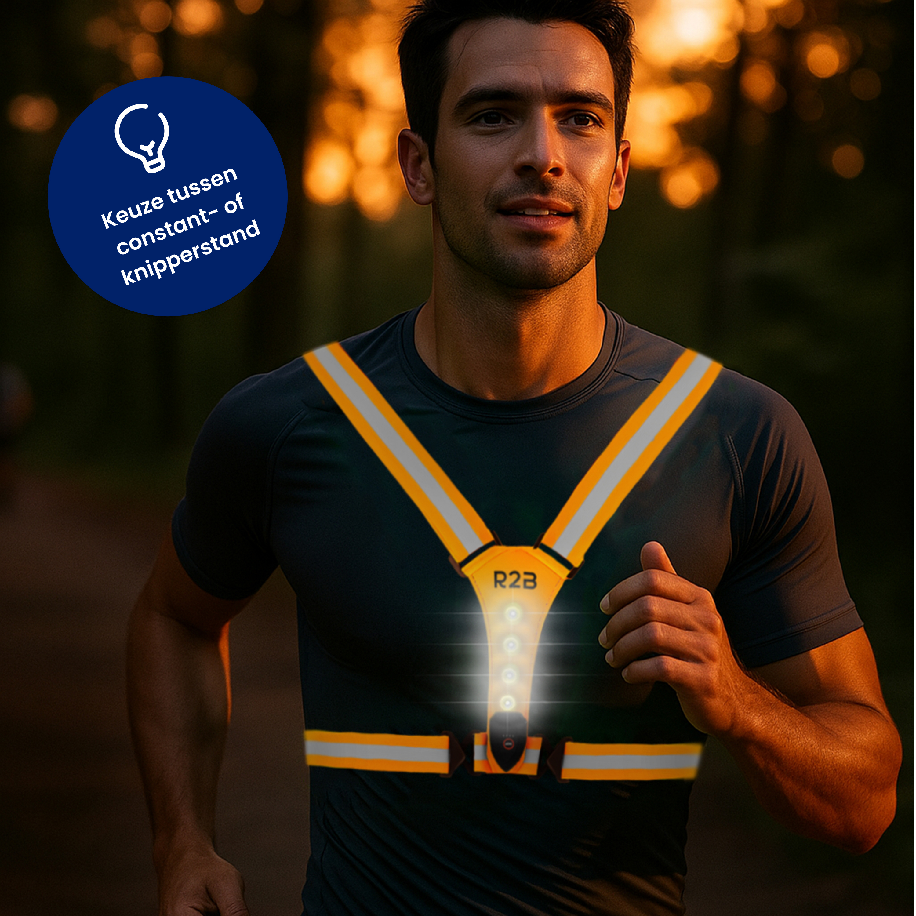 Man running at dusk, wearing a reflective vest with lights. Text on vest says 'R2B'. Background is blurred orange.
