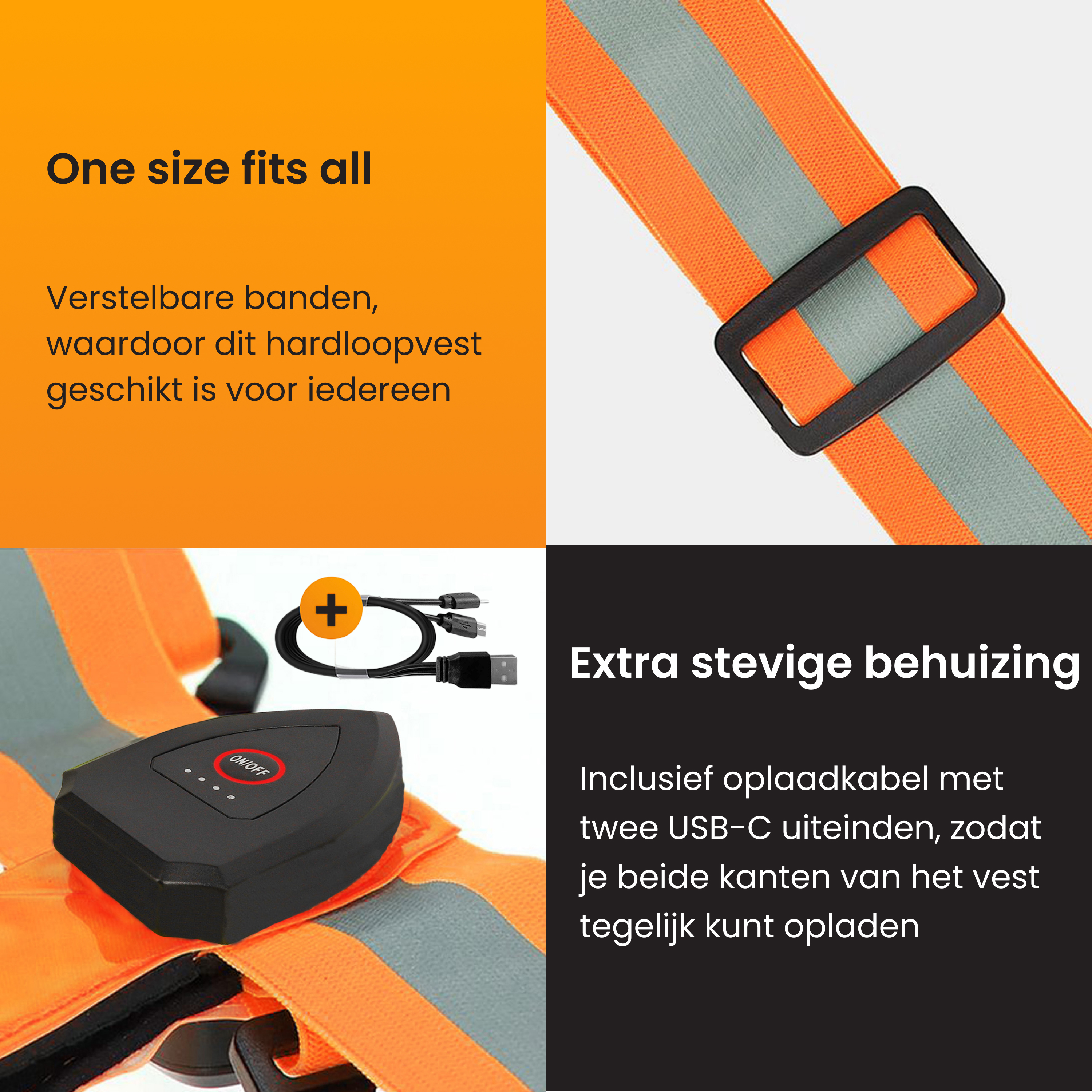 An orange running vest with reflective stripes, USB-C cable and a black box with an on/off button is shown.