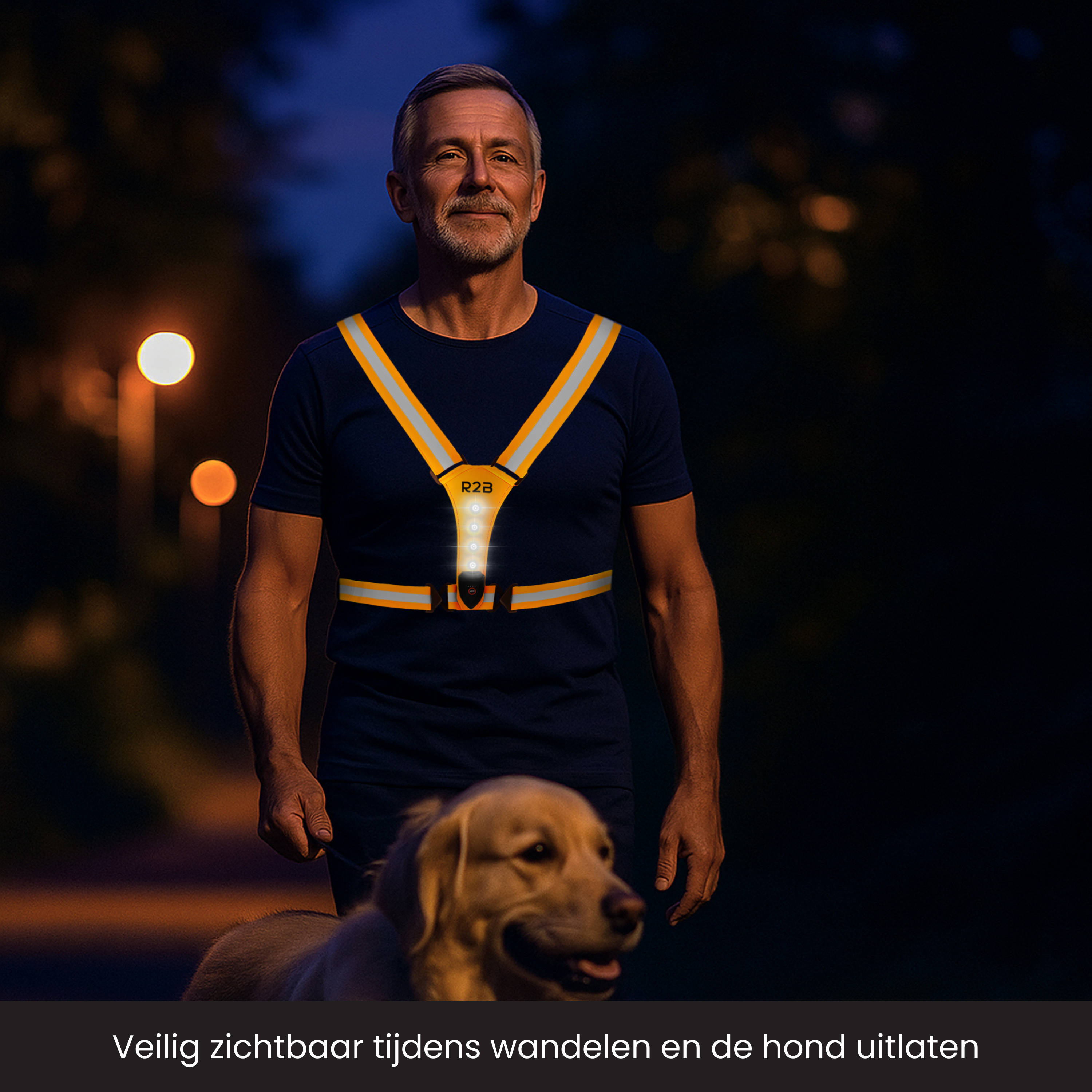 Man walking dog at night, wearing a reflective vest. Dog is a golden retriever. Background has lights.