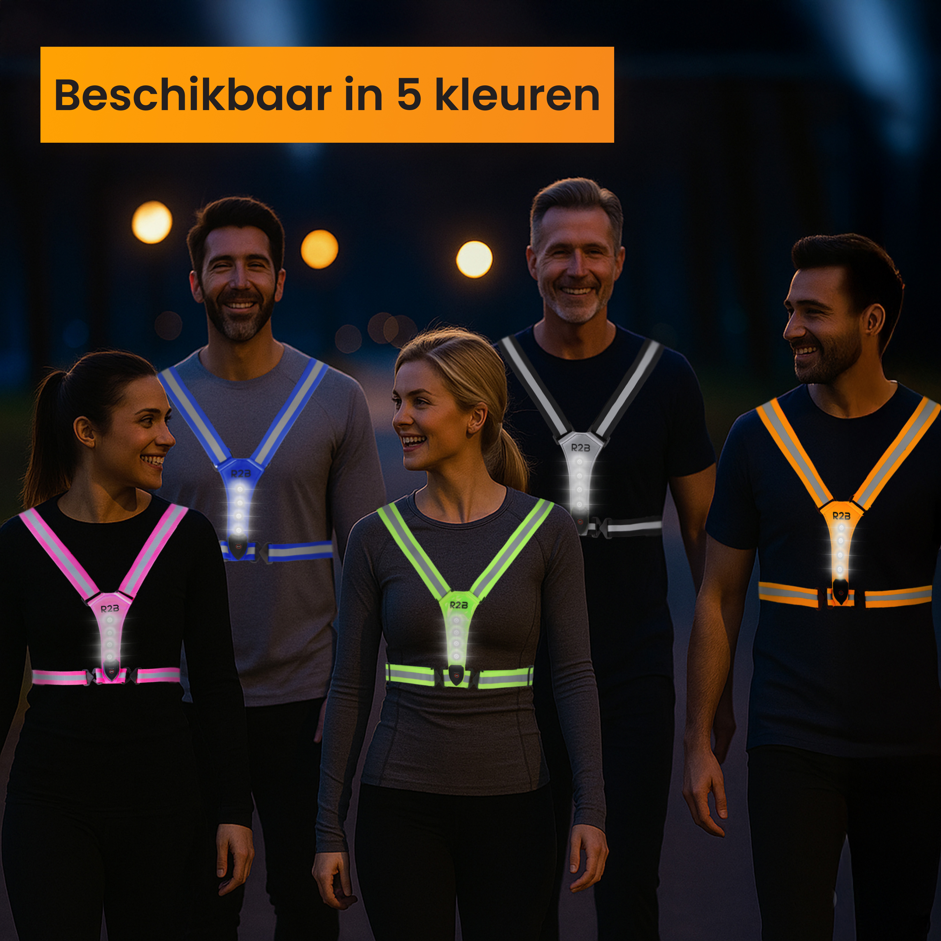Five people wear reflective vests with lights. Text says 'Available in 5 colors.' Background has blurred lights.