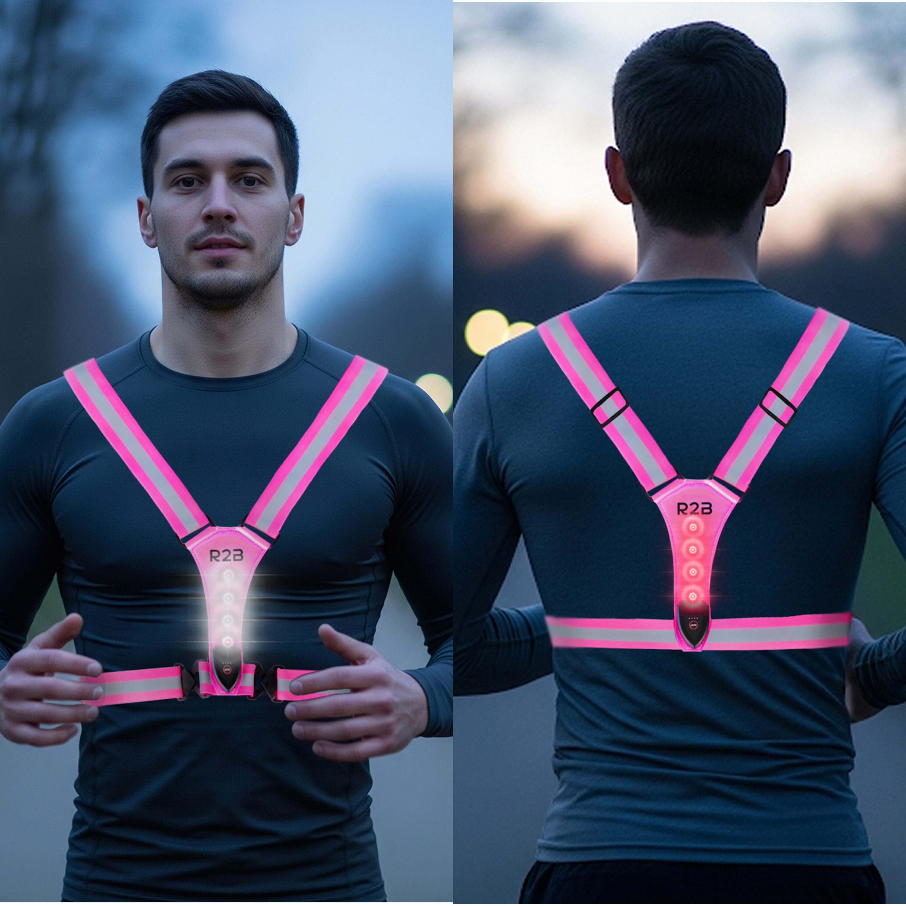 Two men wearing reflective vests, one facing the camera, the other from the back, in a dusk setting.
