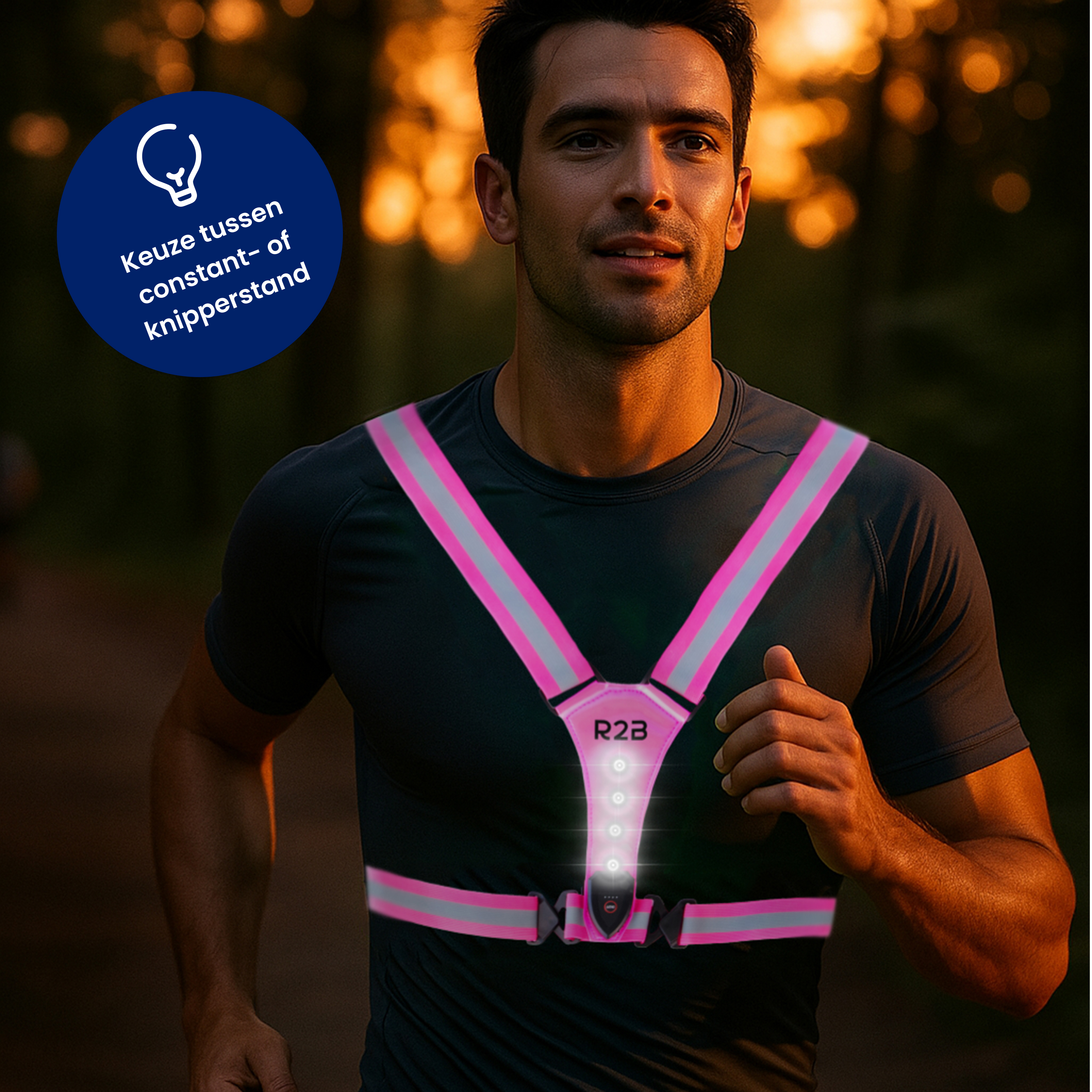 A man runs wearing a reflective vest with pink and gray stripes. The background has blurred lights.