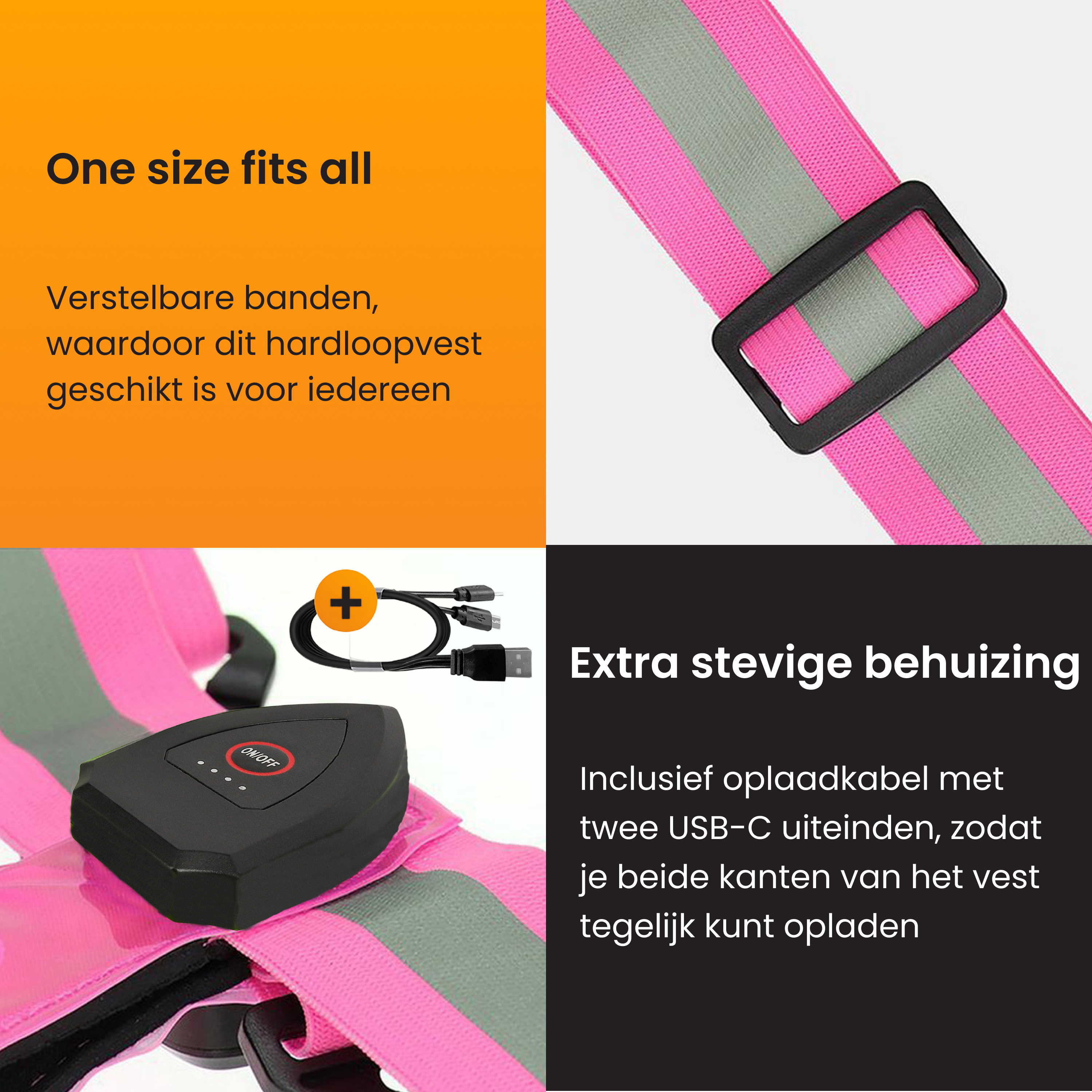 Pink reflective vest with black buckle and charging cable. Text: One size fits all, Extra sturdy housing.