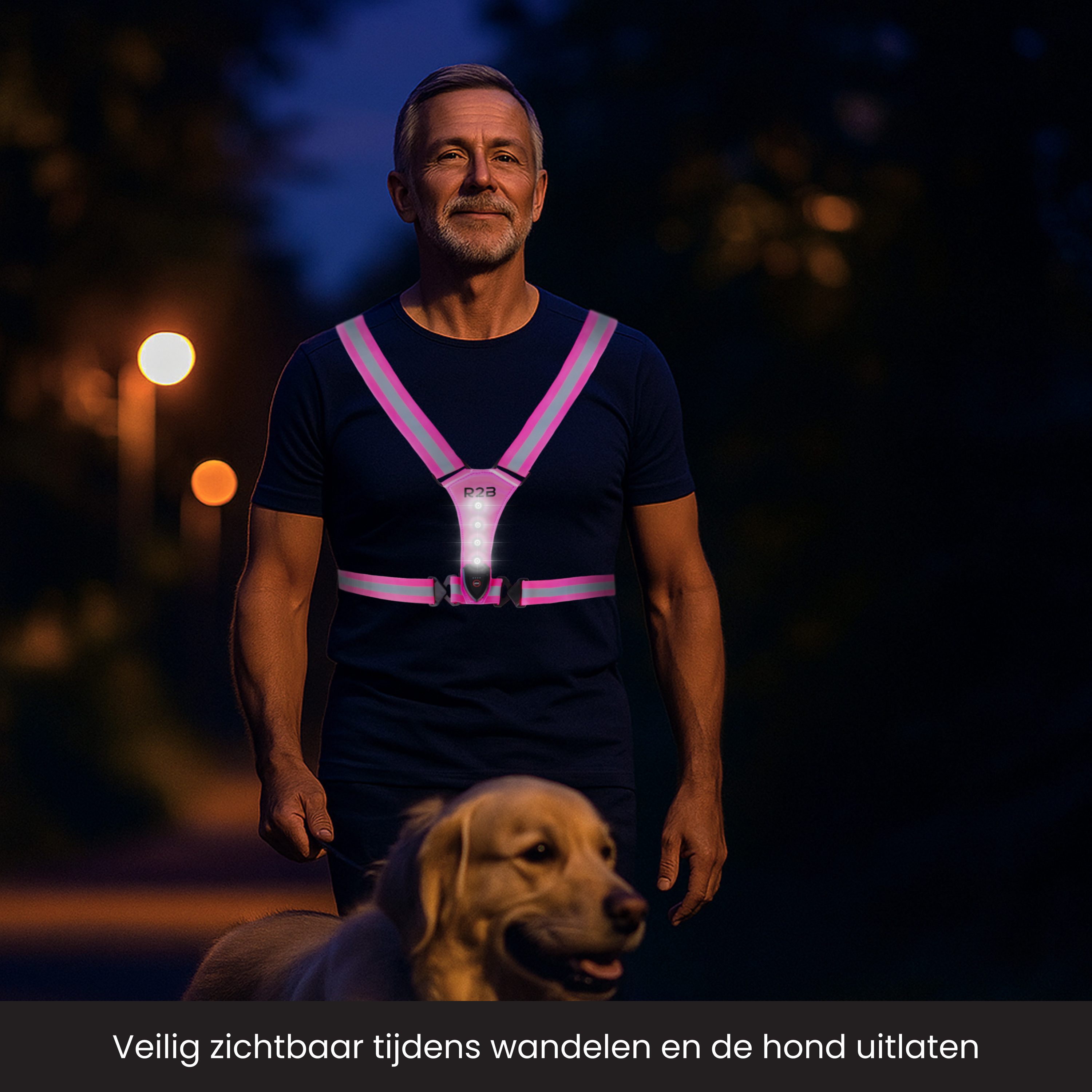 Man walking dog at night, wearing a pink safety vest. Yellow dog in foreground, street lights in background.