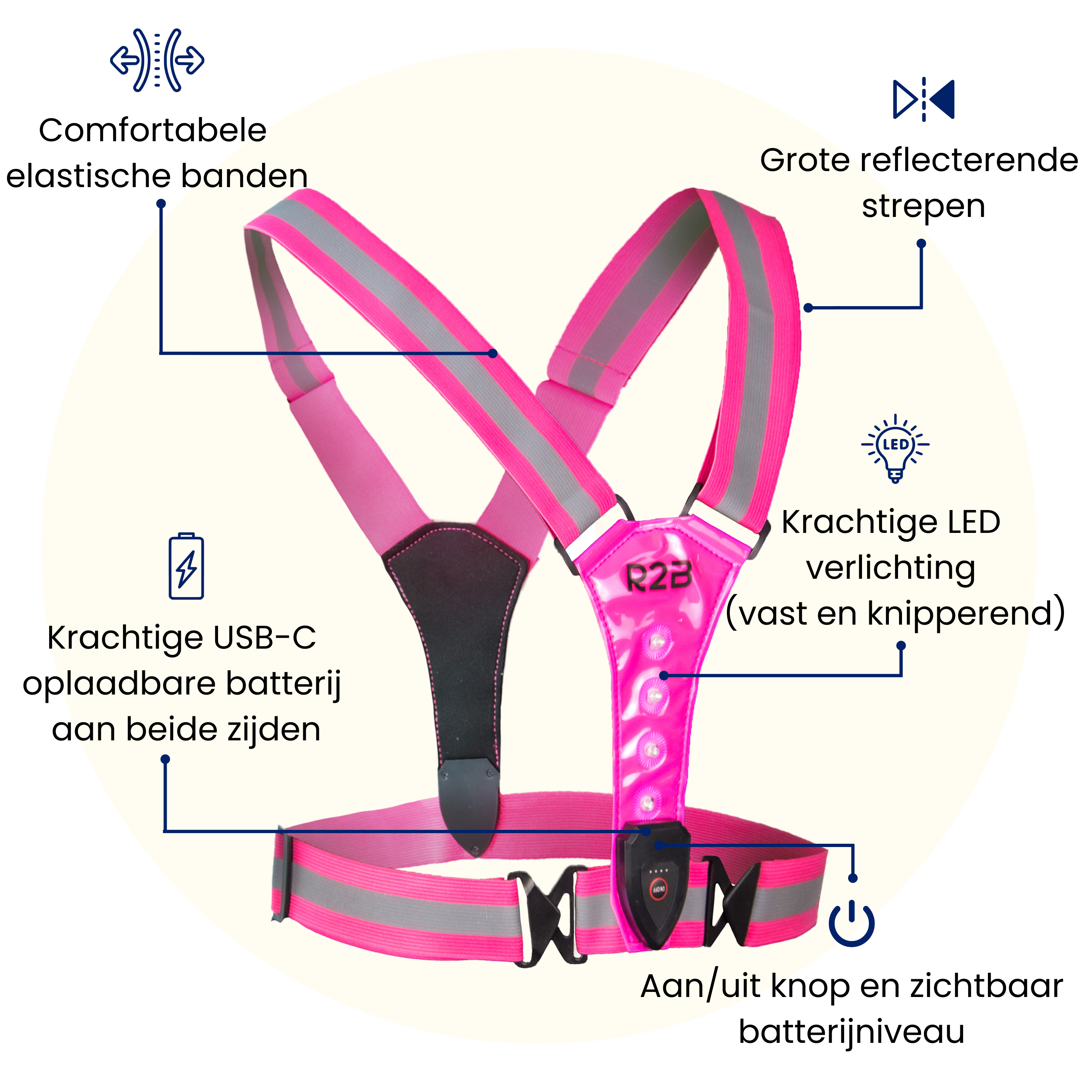 A pink safety vest with reflective stripes and LED lights. Features include USB-C charging, and an on/off button.