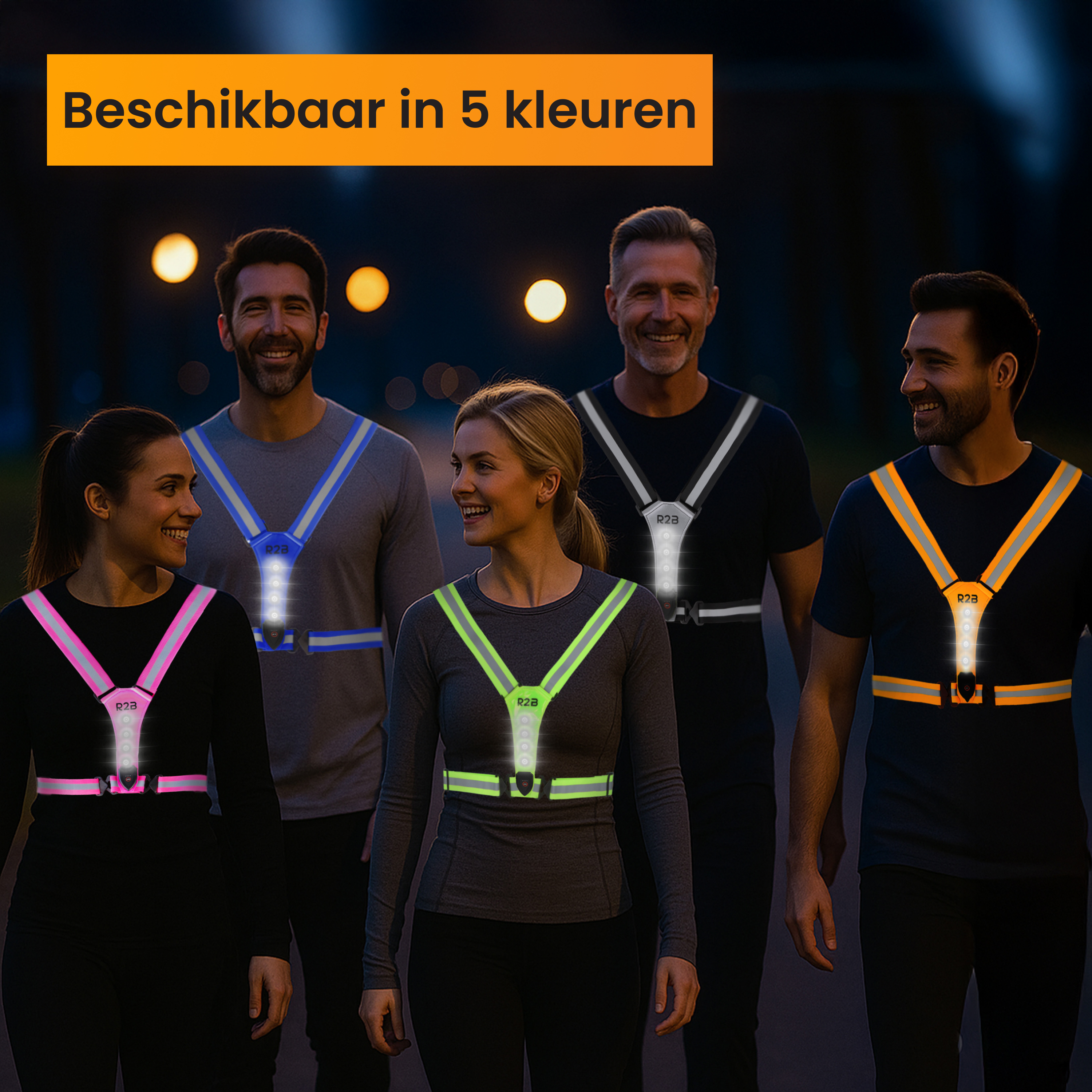 Five people wearing reflective vests in various colors. The vests have lights and are in front of a dark background.