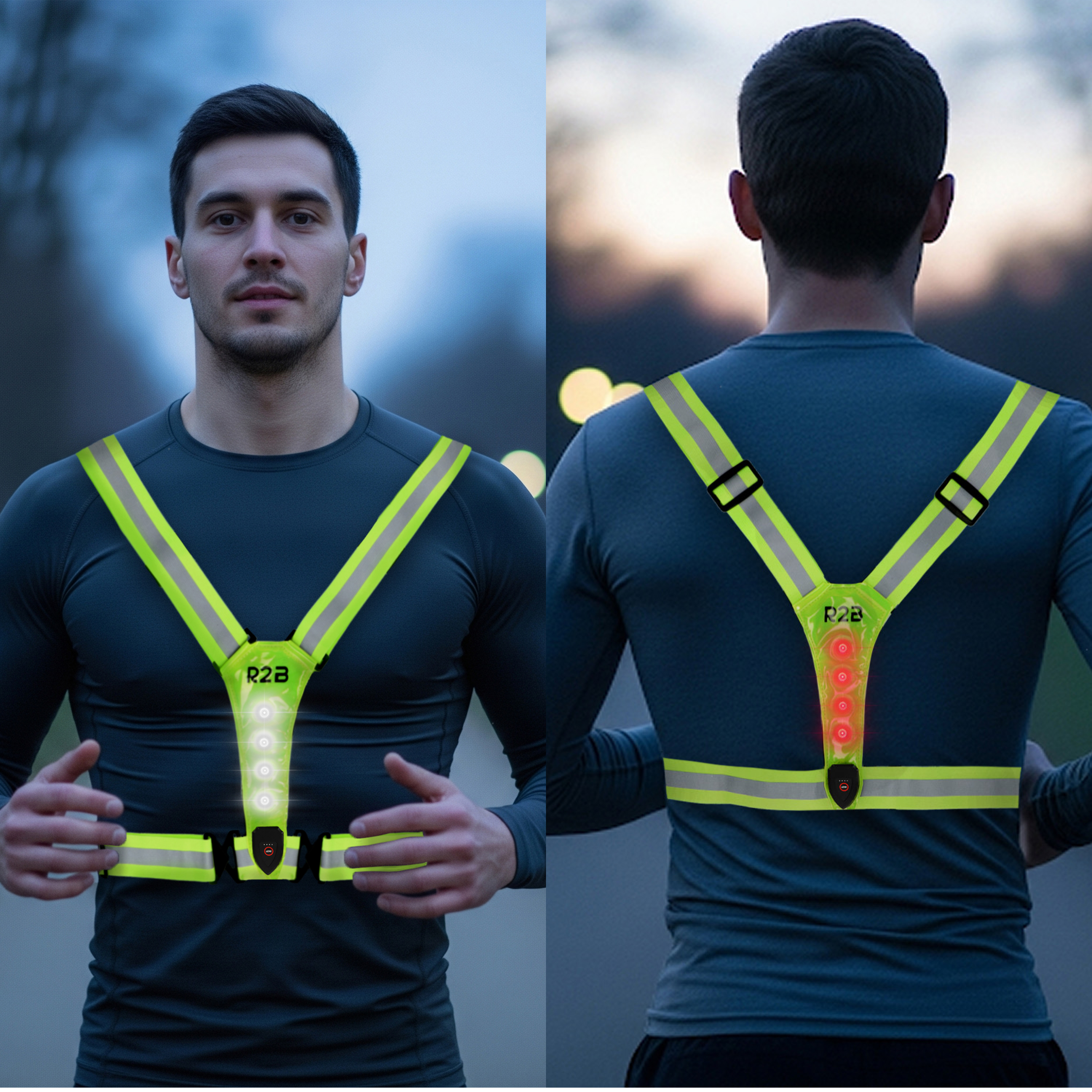 Two men wearing reflective vests. Front and back views of the vest with lights. The vest is yellow and gray.