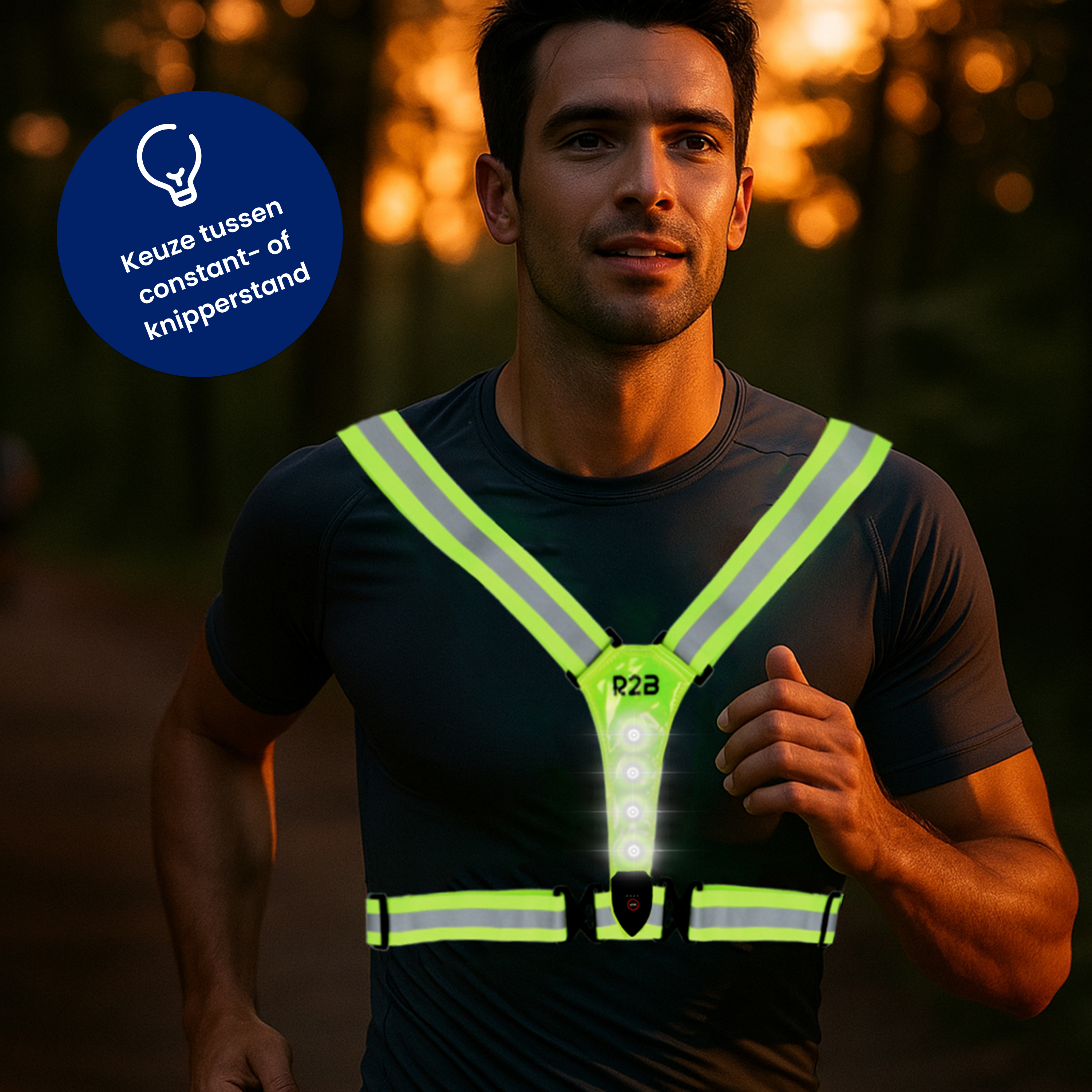 A man wearing a reflective vest is running. The vest has bright lights. Background is blurred and orange.