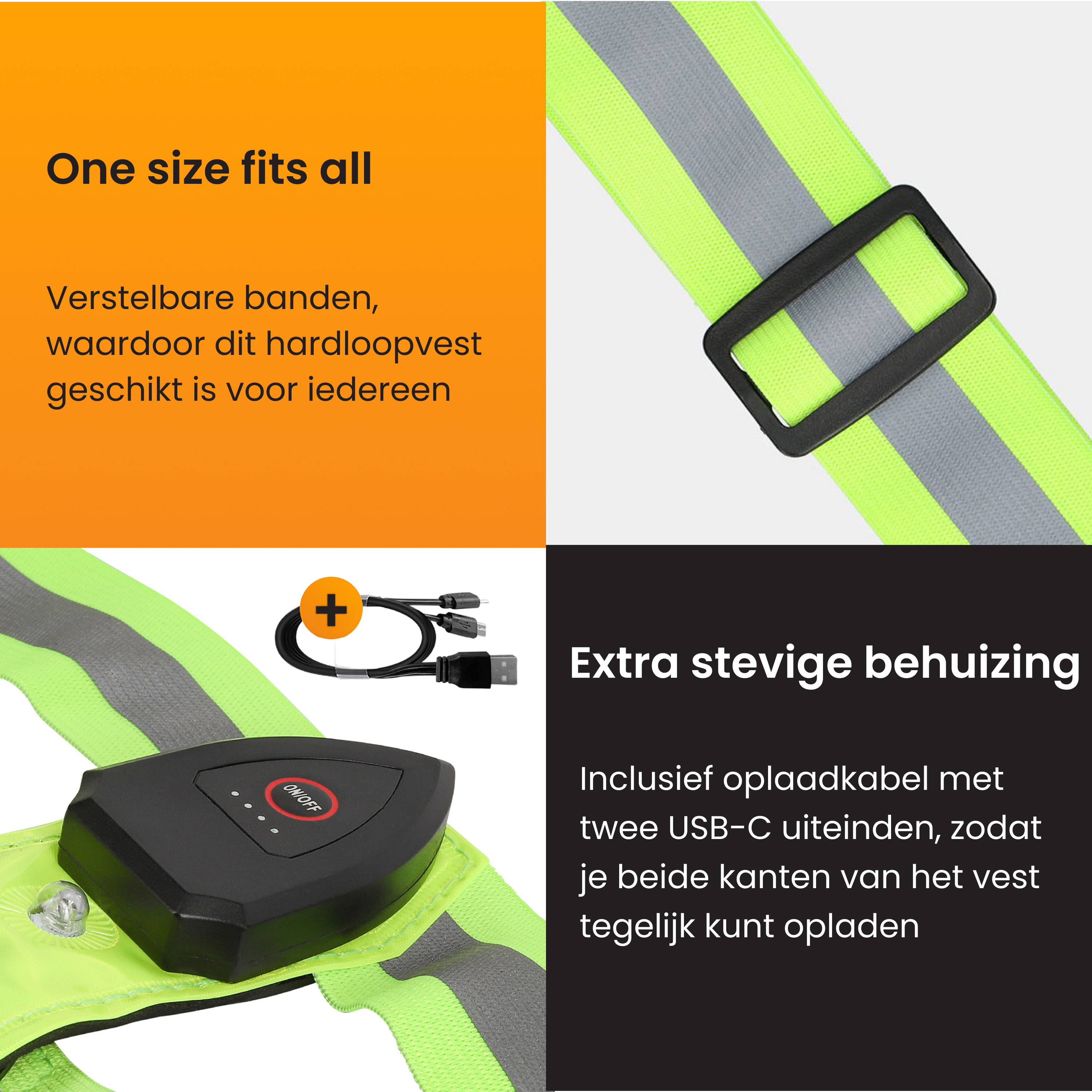 A reflective running vest with adjustable straps, USB-C charging cable, and a black control unit with an on/off button.
