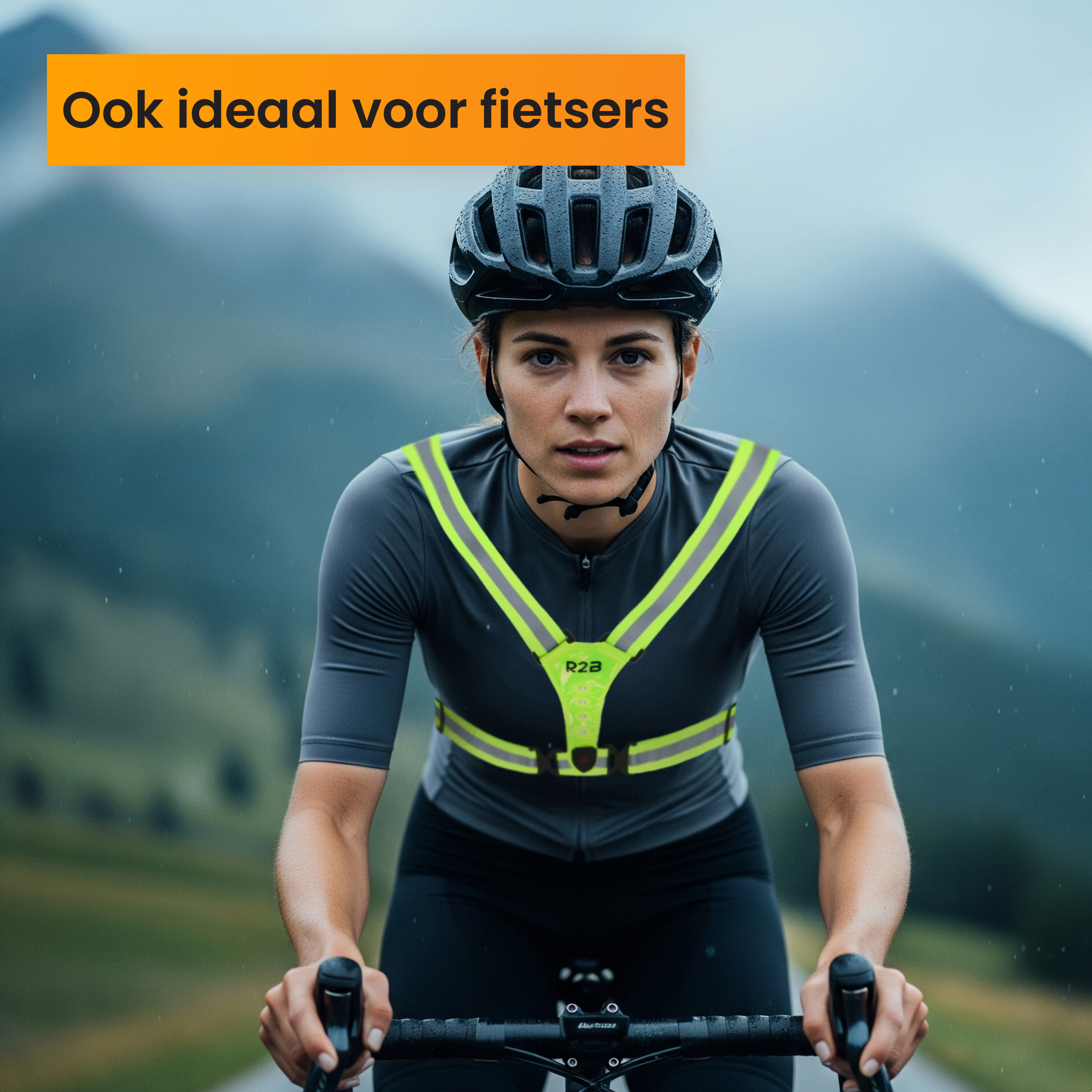Cyclist wearing helmet and reflective vest, riding a bike on a road. Rain is falling. Text at the top says 'Also ideal for cyclists'.