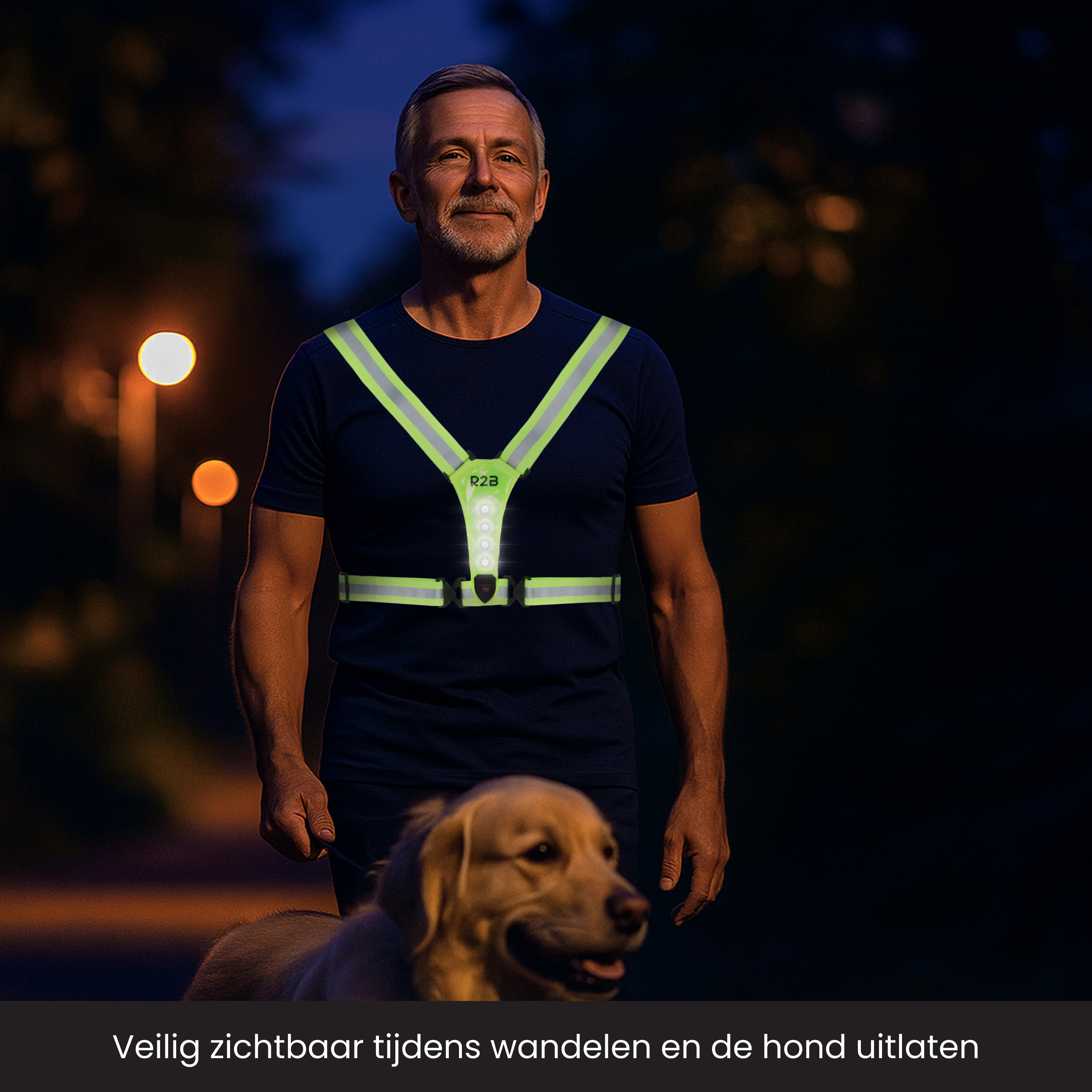 A man with a dog wears a reflective vest at night. The background is dark with streetlights.