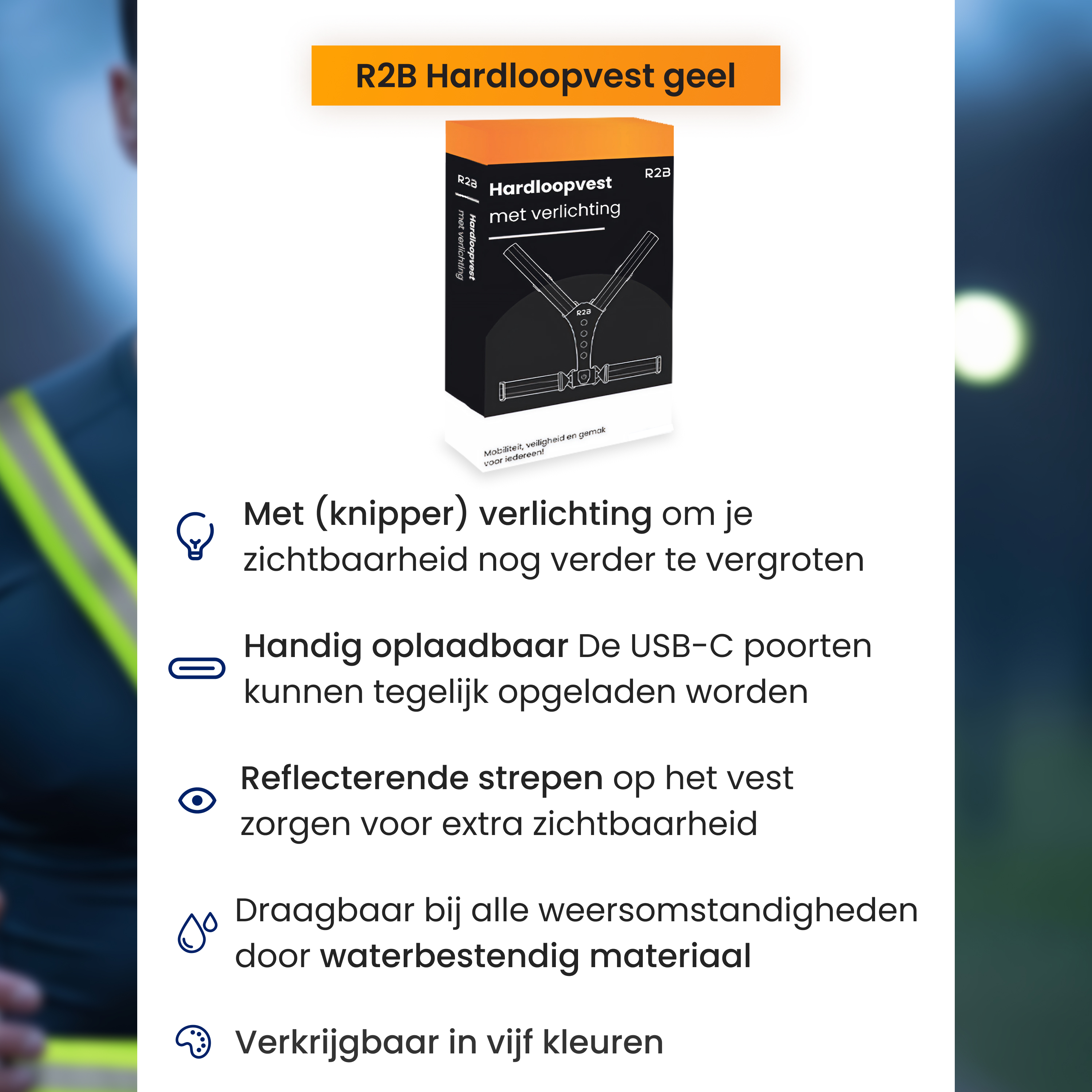 An advertisement for a yellow running vest, showcasing features and benefits.