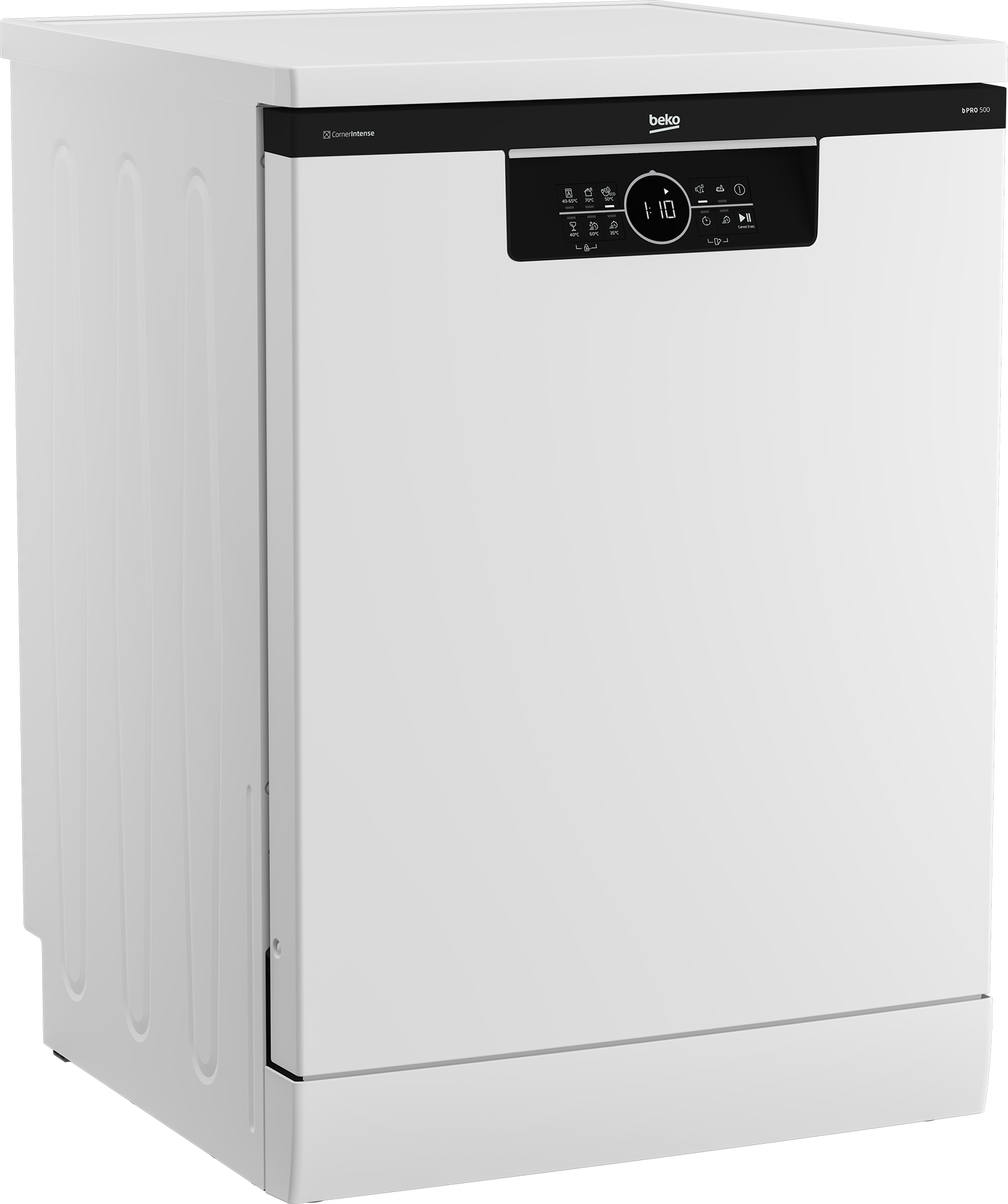 White Beko dishwasher. It has a black control panel with a digital display showing 1:10. The brand name is visible.