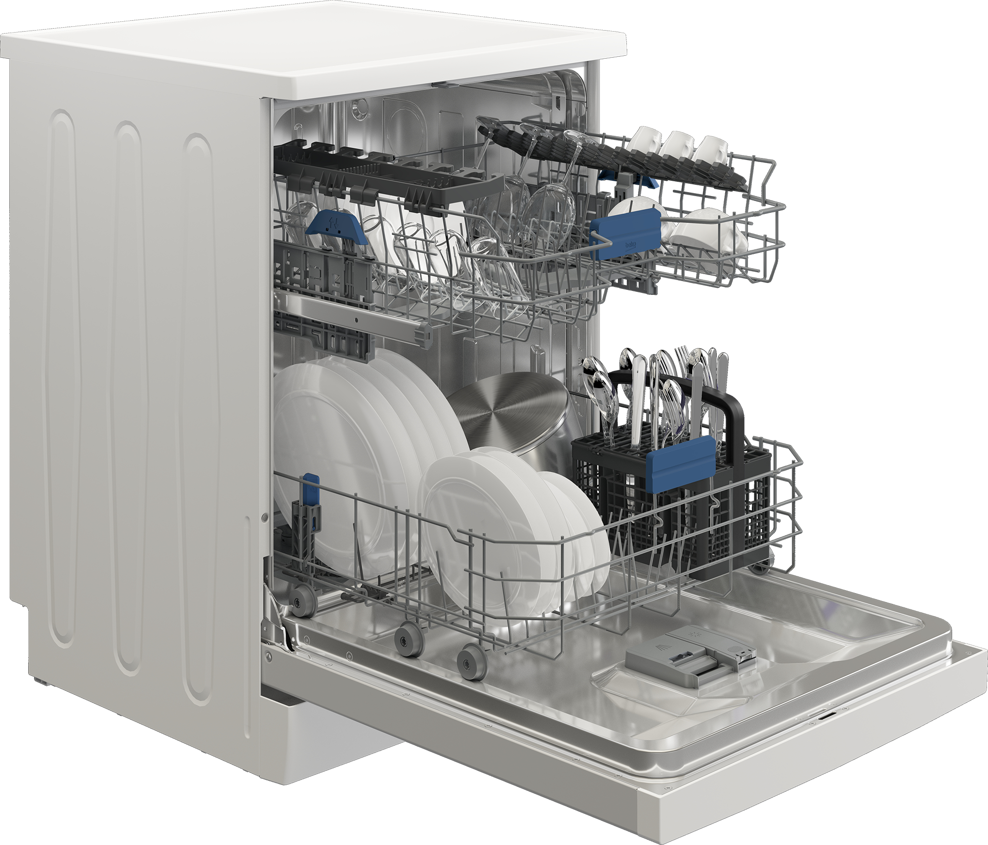 A white dishwasher with the door open, filled with dishes, glasses, and silverware, ready for washing.