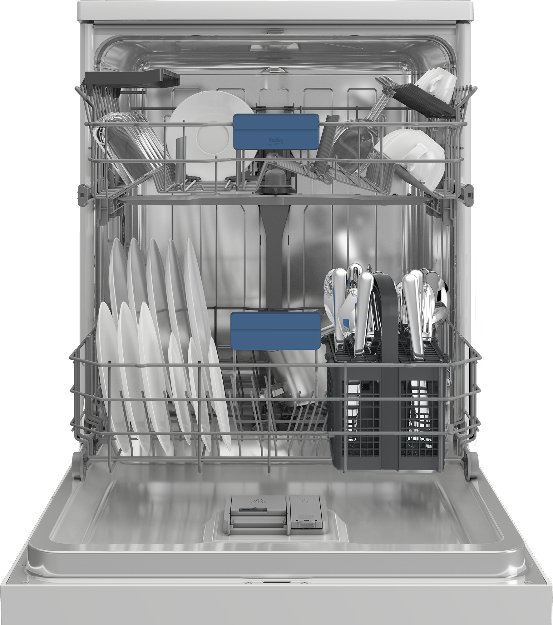Open dishwasher with dishes and cutlery inside. Plates, glasses, and silverware are arranged on racks.