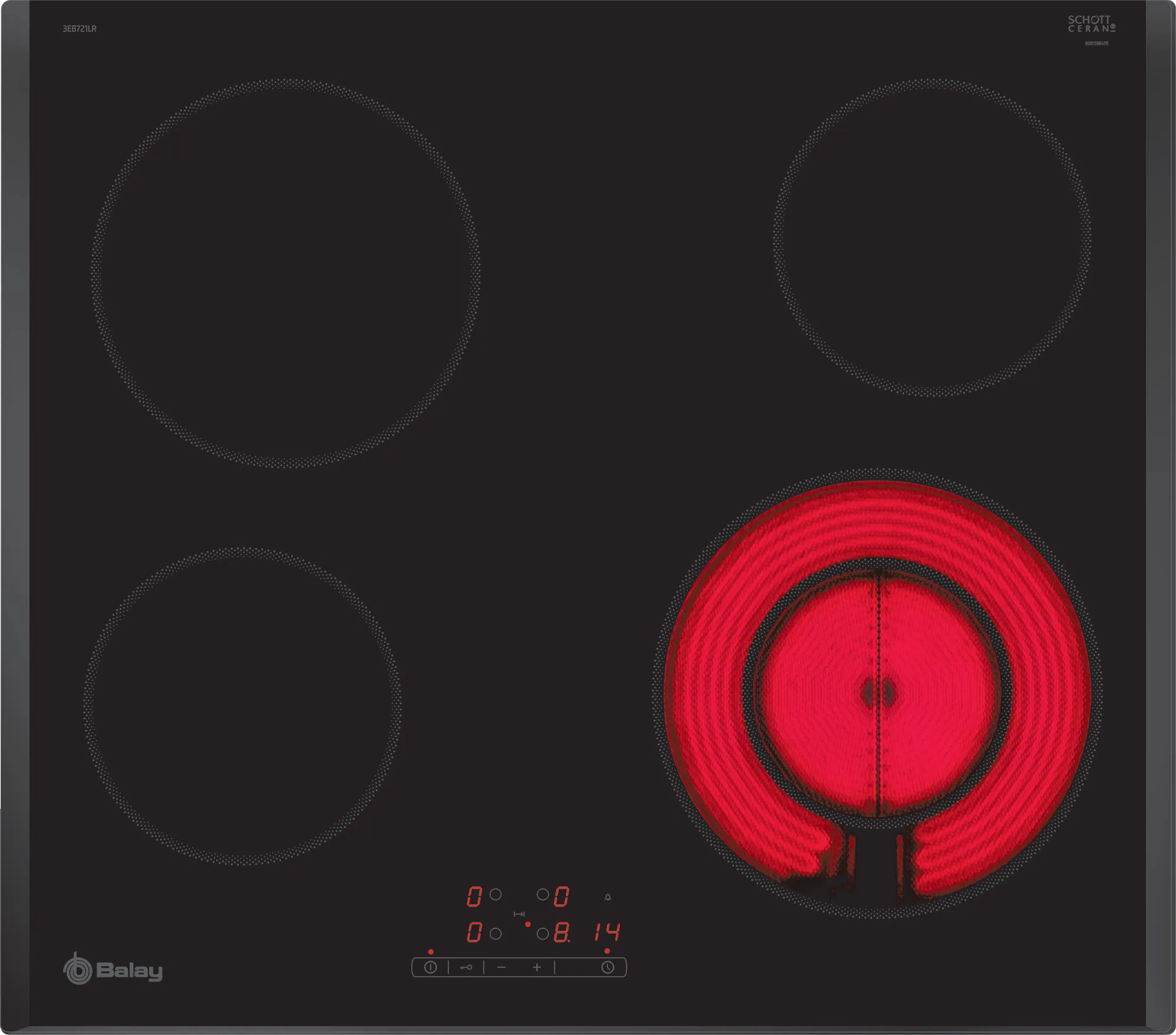 Czarna płyta grzewcza z czterema palnikami; jeden jest czerwony i gorący. Ma cyfrowy wyświetlacz i logo Balay.
