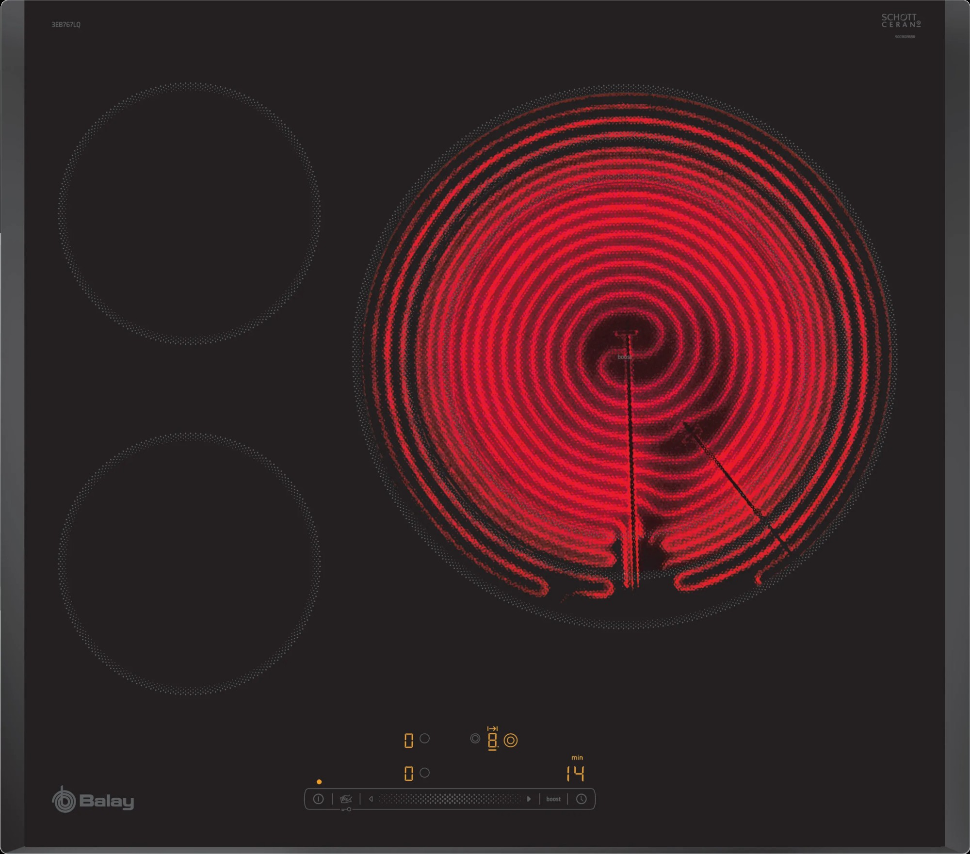 Czarna płyta indukcyjna z trzema palnikami. Jeden duży palnik jest rozgrzany do czerwoności. Wyświetlacz cyfrowy.