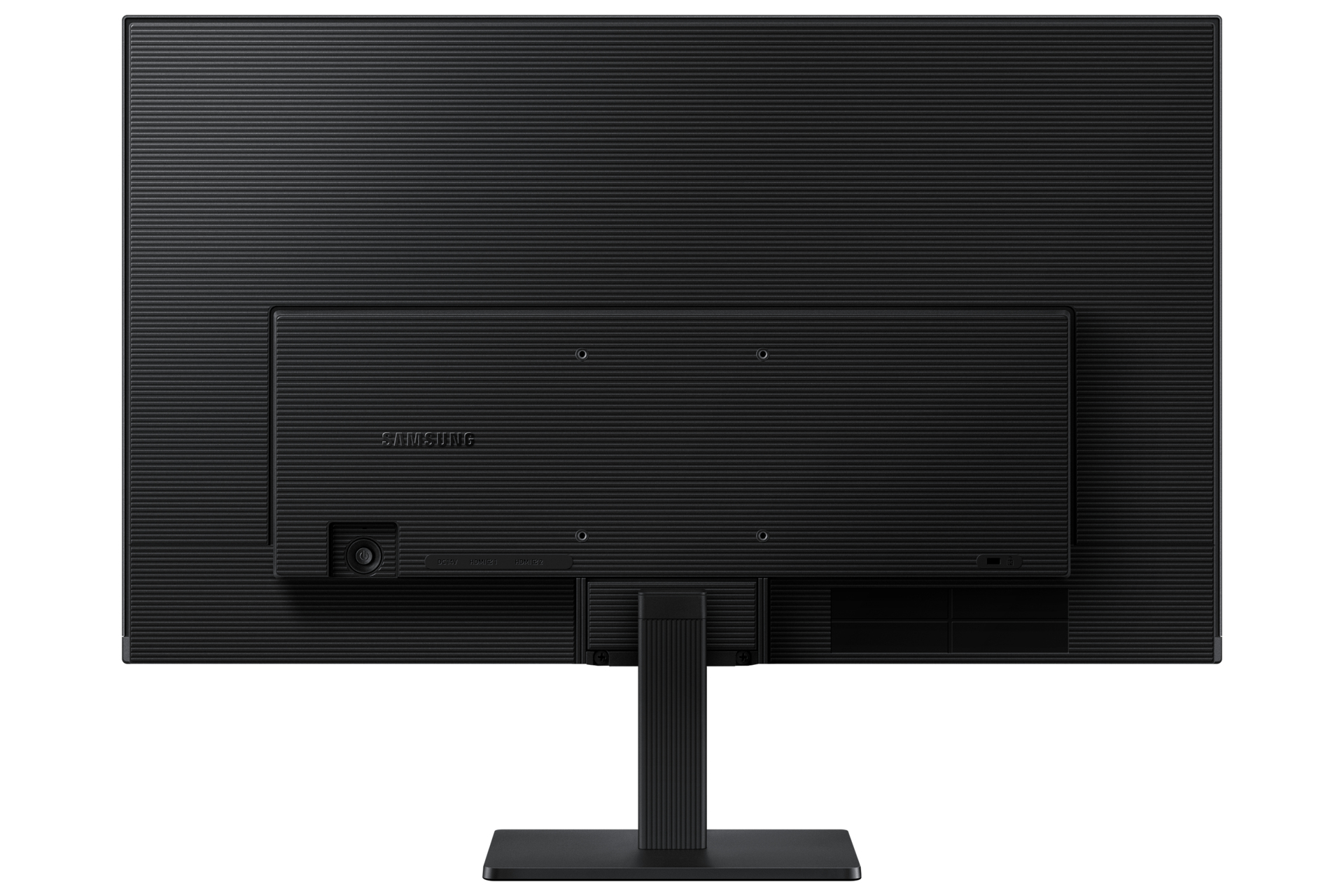 Achterkant van een zwarte Samsung monitor op een witte achtergrond. Het heeft een textuur, een standaard en diverse poorten.