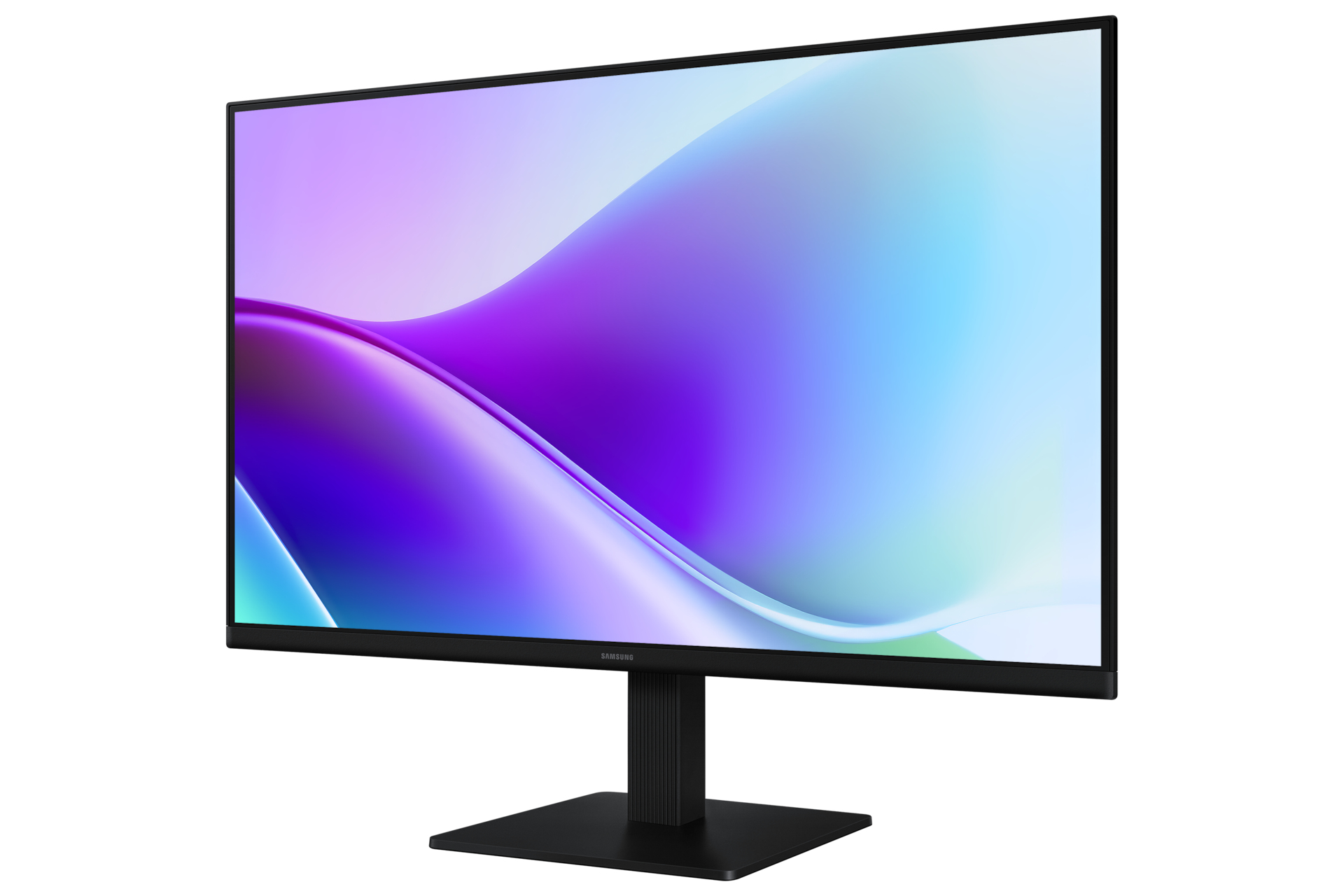 Een zwarte Samsung monitor toont een kleurrijke abstracte achtergrond. De monitor staat op een zwarte standaard, geïsoleerd op wit.