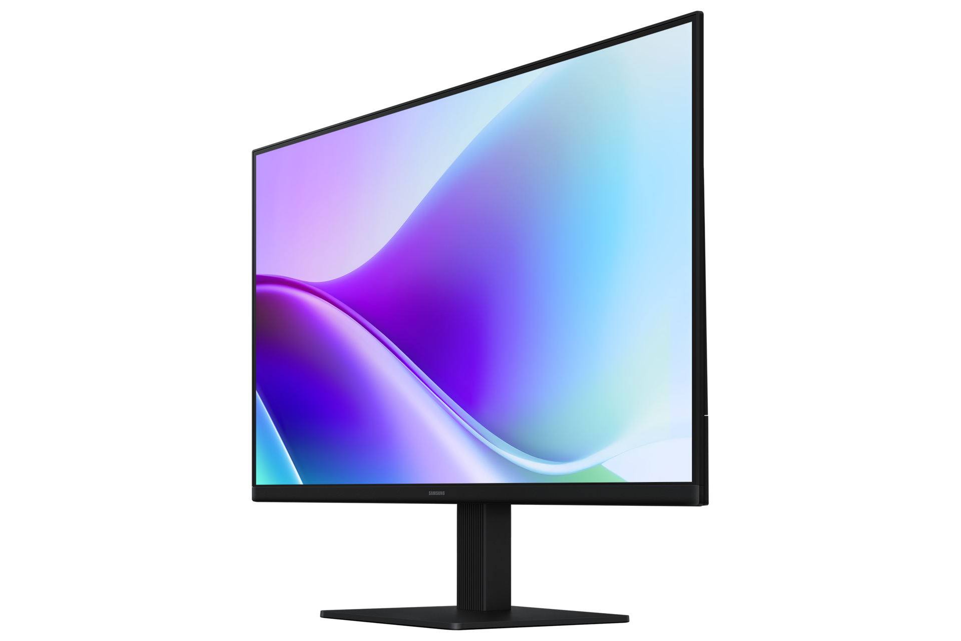 Een zwarte computermonitor toont een kleurrijke, abstracte afbeelding. De monitor staat op een zwarte standaard tegen een witte achtergrond.