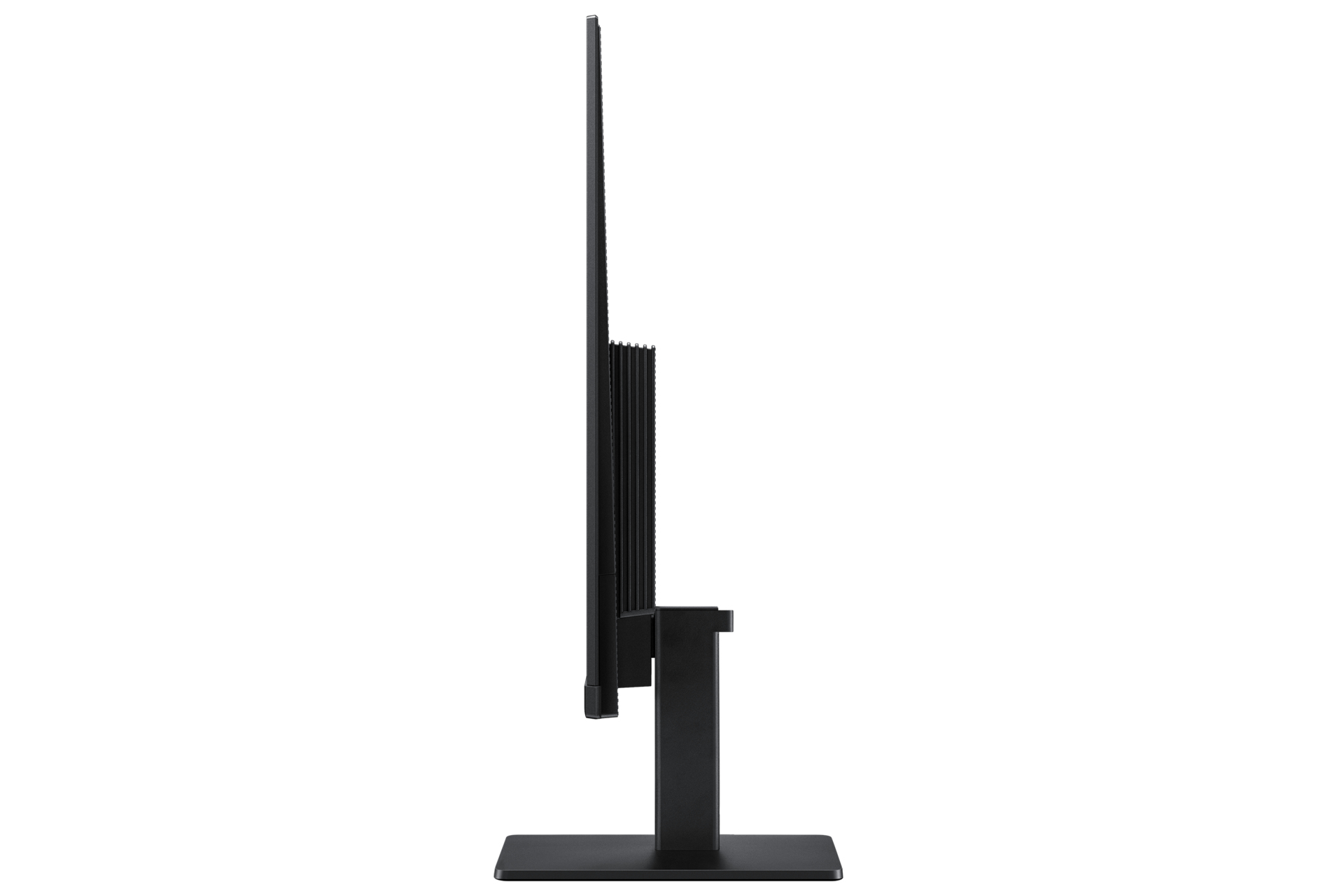 Een zwarte computermonitor, van opzij bekeken. Hij heeft een standaard en een dunne rand. De achtergrond is wit.