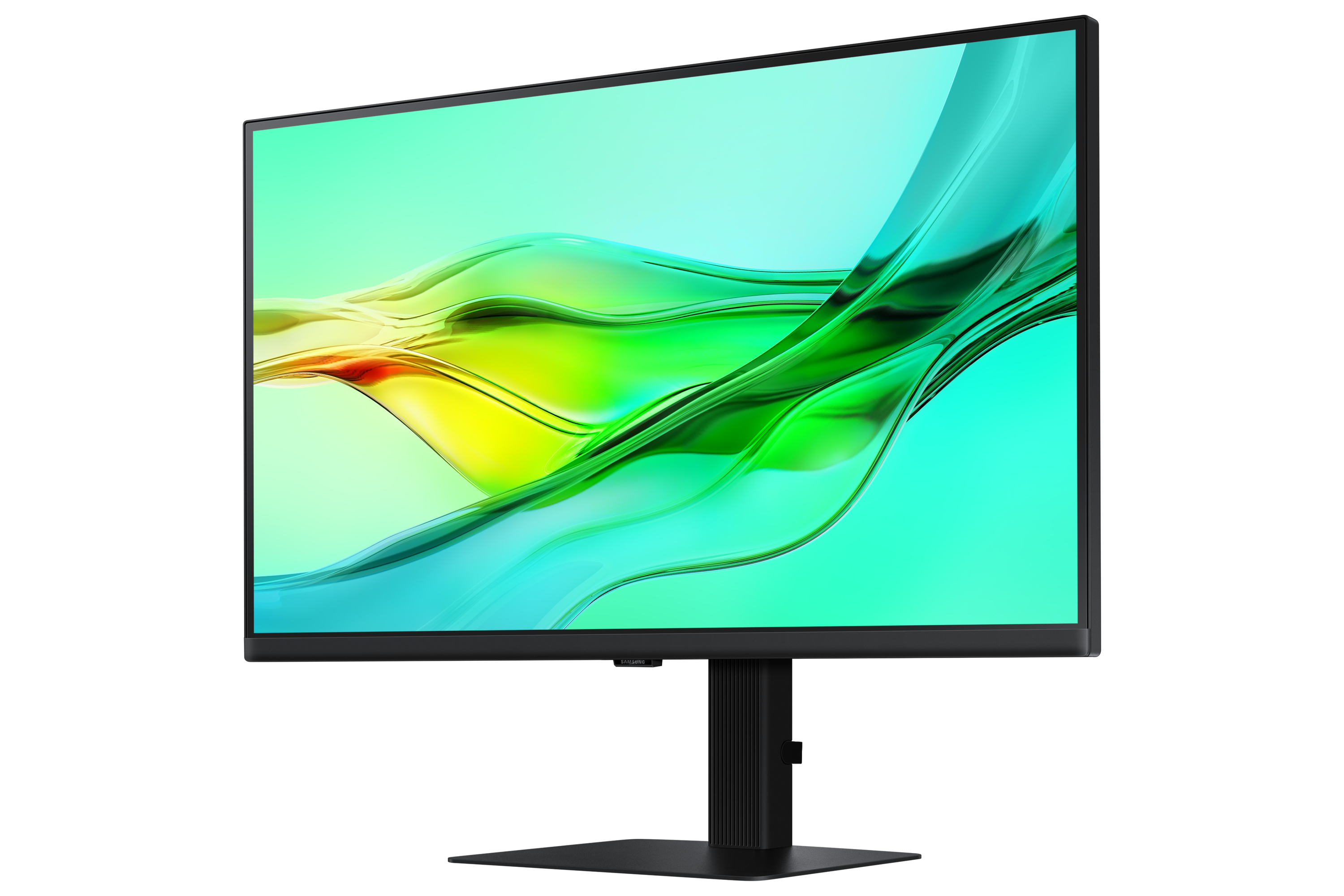 Un monitor per computer nero con supporto. Lo schermo mostra un design astratto verde e giallo.