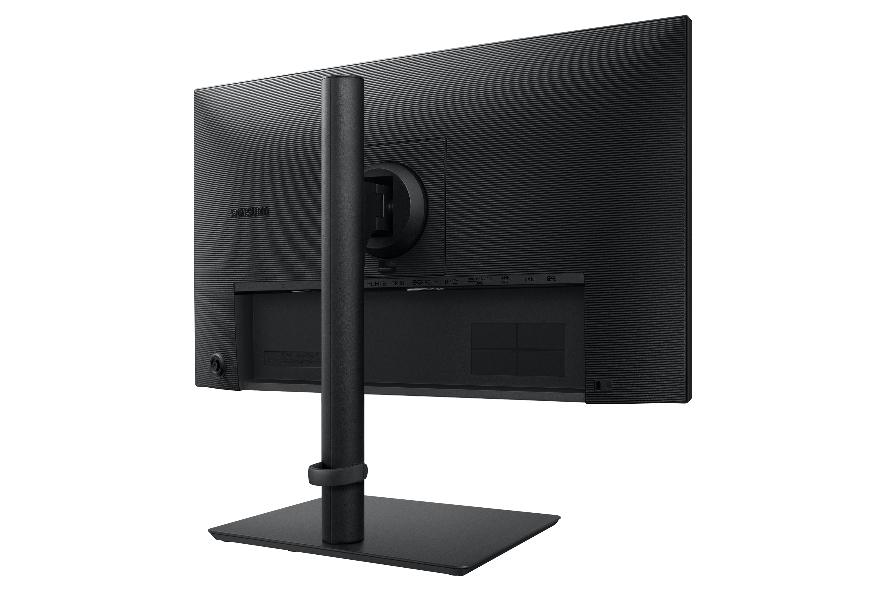 Vista trasera de un monitor Samsung negro. Tiene un soporte, puertos y un panel trasero texturizado.