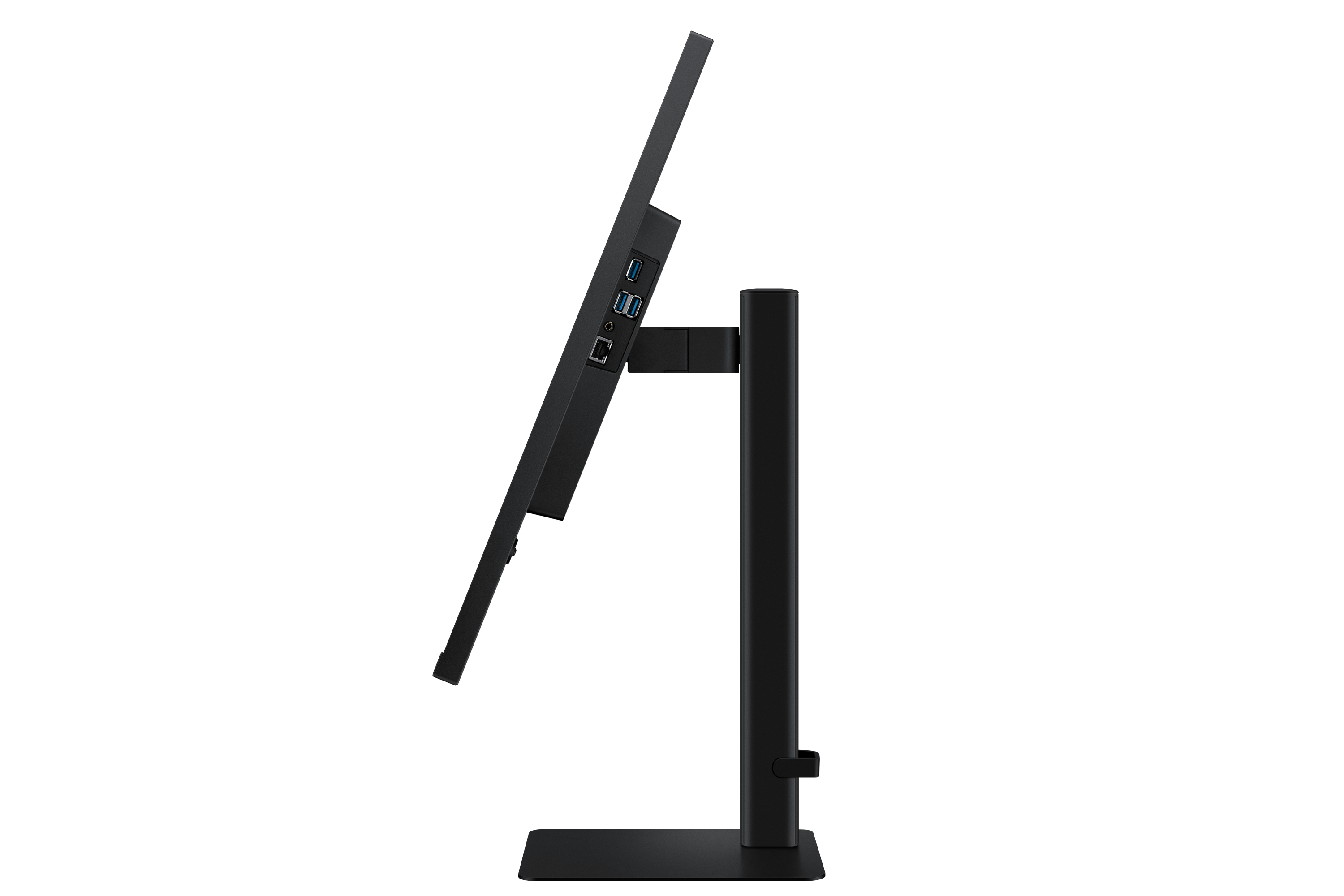 Czarny monitor komputerowy jest pokazany z boku. Ma prostokątny ekran i podstawkę.