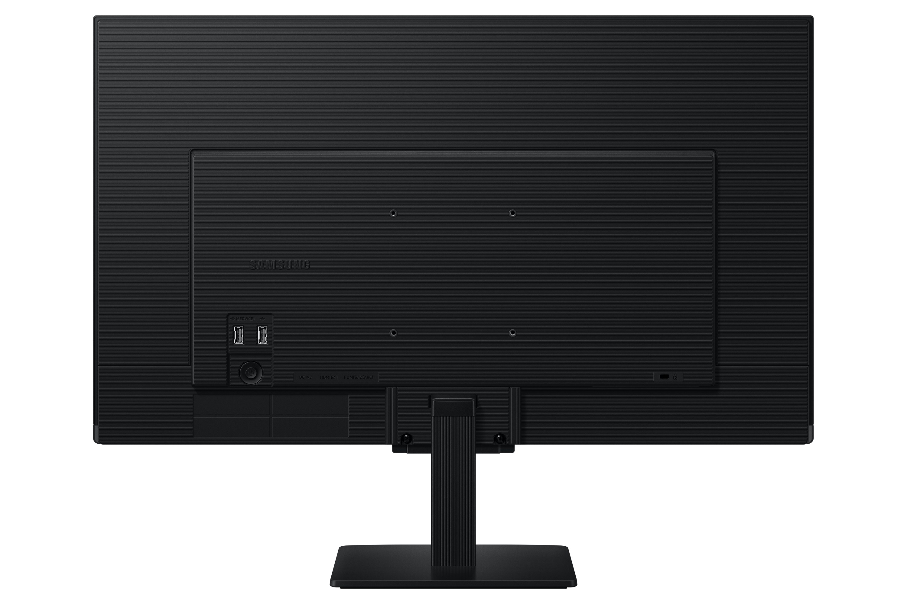 Tył czarnego monitora Samsung. Posiada porty, podstawkę i logo Samsung.