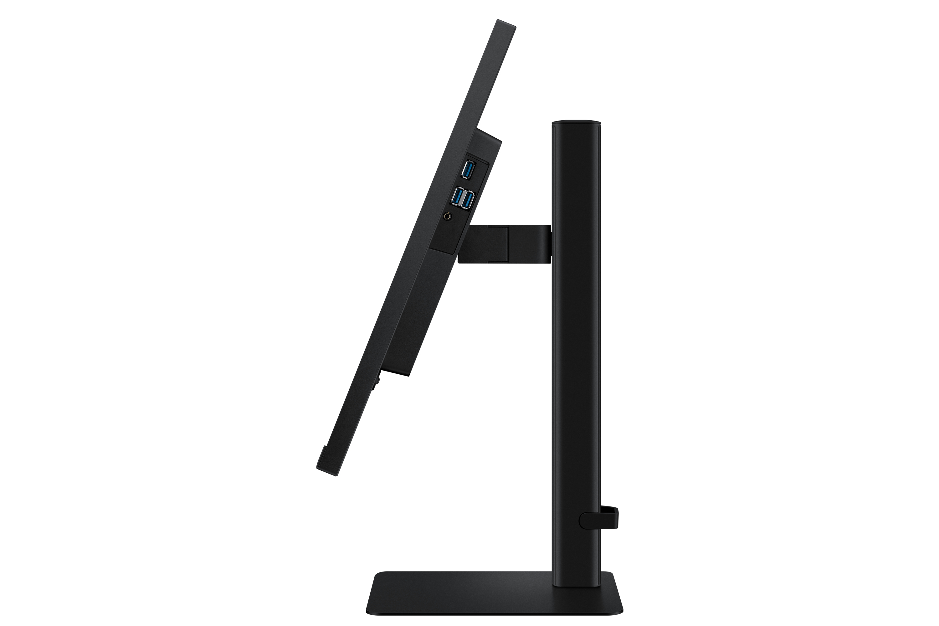 Un monitor per computer nero è inclinato di lato. Ha un supporto e una base. Lo sfondo è bianco.