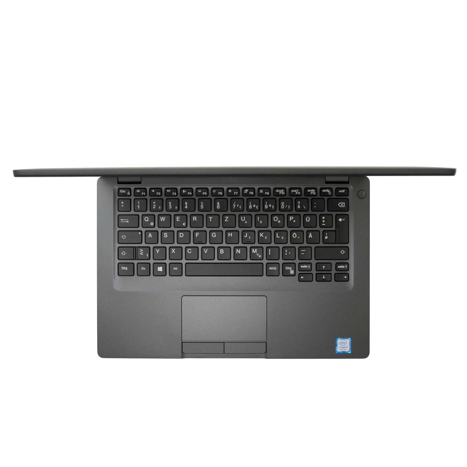 Draufsicht auf einen dunkelgrauen Laptop mit offenem Deckel, der die Tastatur und das Touchpad zeigt. Der Intel-Aufkleber ist sichtbar.
