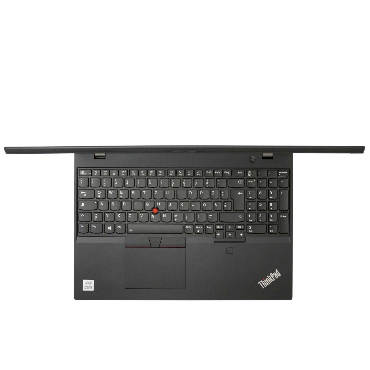 Draufsicht auf einen schwarzen ThinkPad-Laptop. Die Tastatur ist mit ihren Tasten, dem Touchpad und dem Intel Core i5-Aufkleber sichtbar.