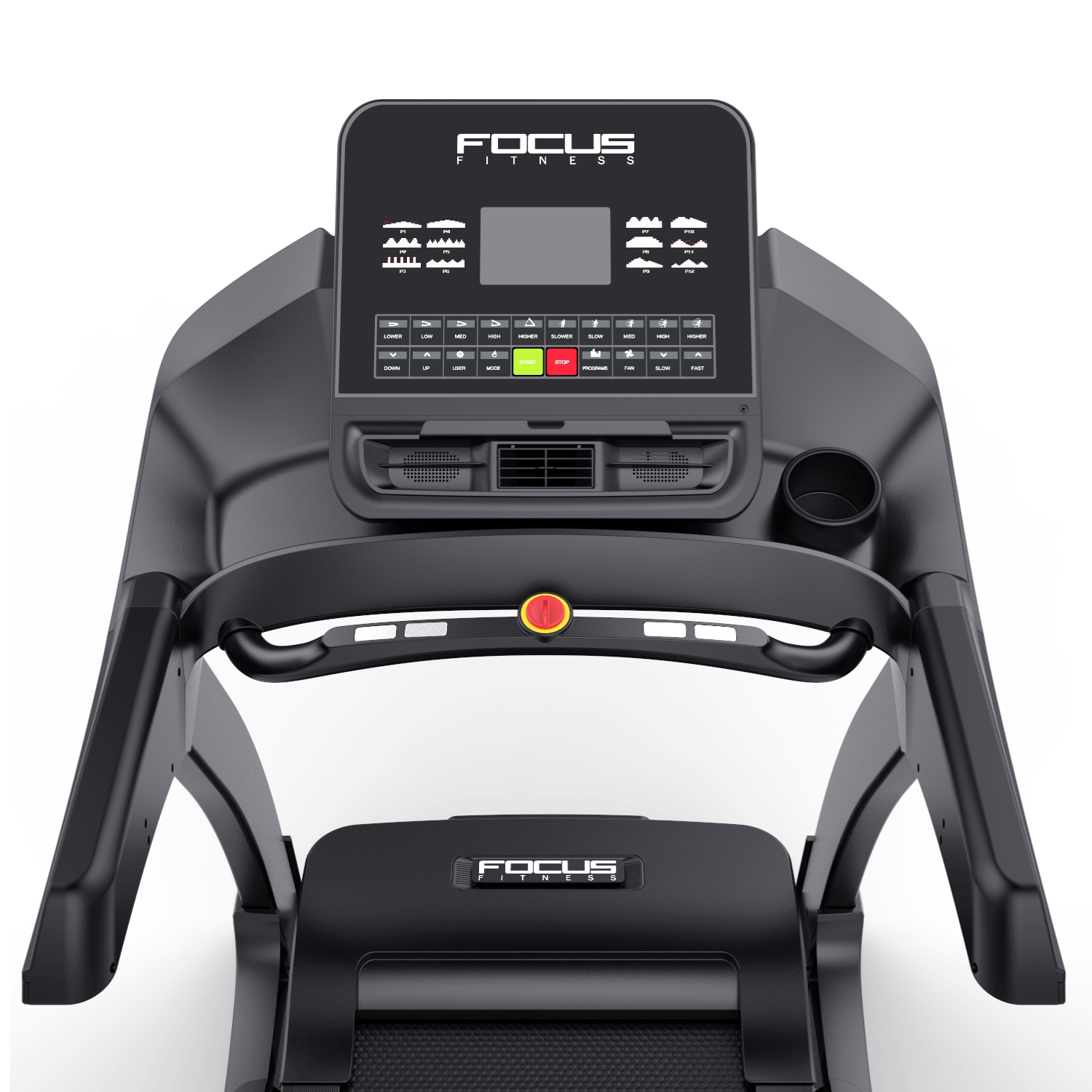 Black treadmill with control panel, cup holder, and safety features. Brand logo is visible. The background is white.