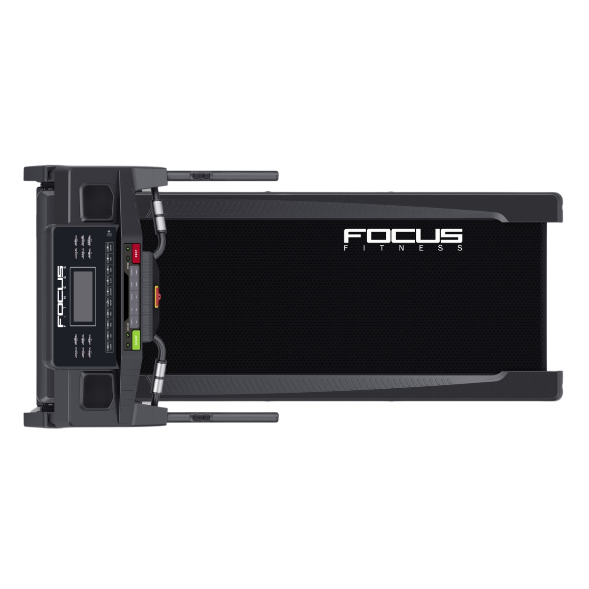 Overhead view of a black treadmill. It has a control panel, a running surface, and the brand name 'FOCUS FITNESS'.