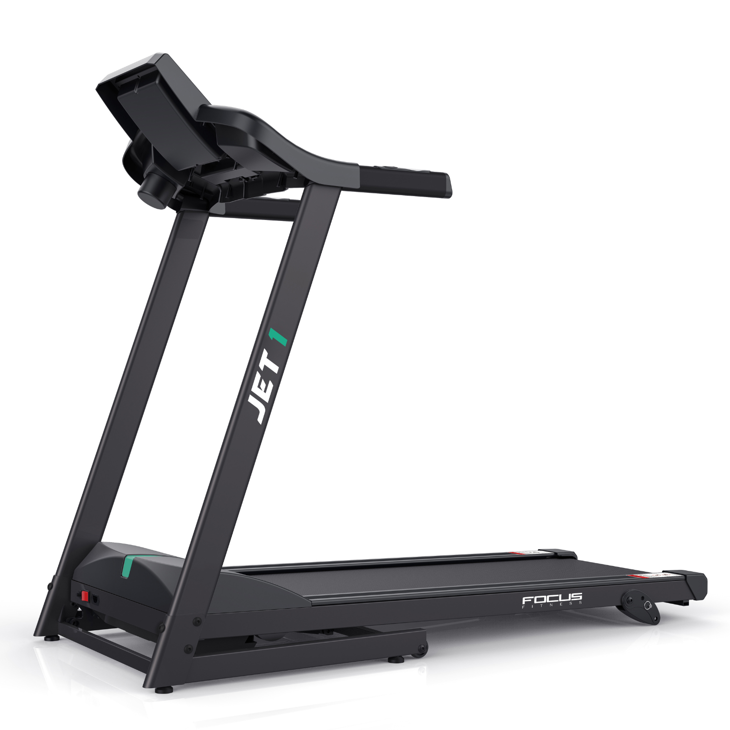 A black treadmill with the words 'JET 1' and 'FOCUS FITNESS' on it. It is on a white background.
