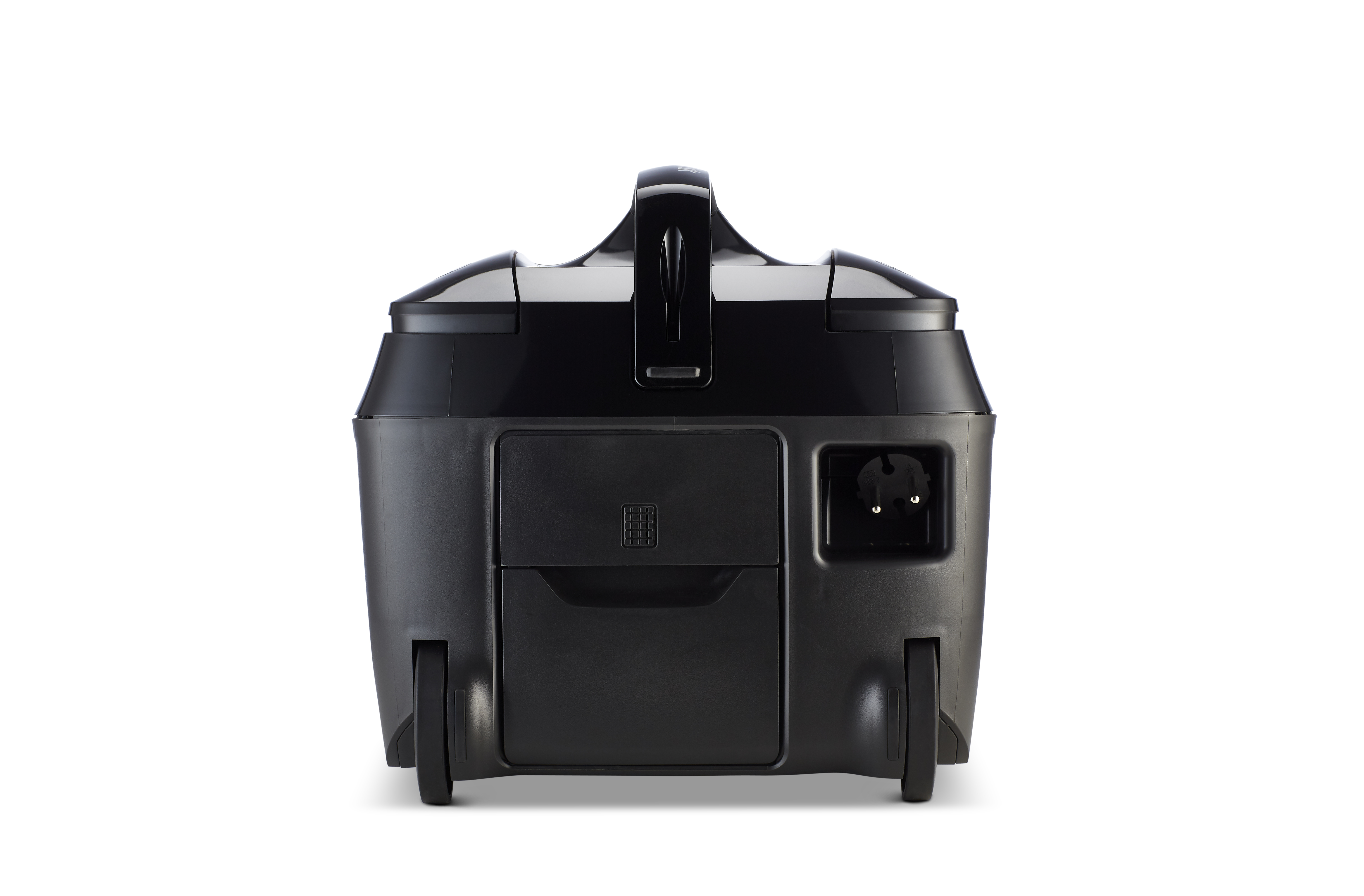 Czarna przenośna elektrownia z uchwytem, kółkami i gniazdem zasilania na białym tle.