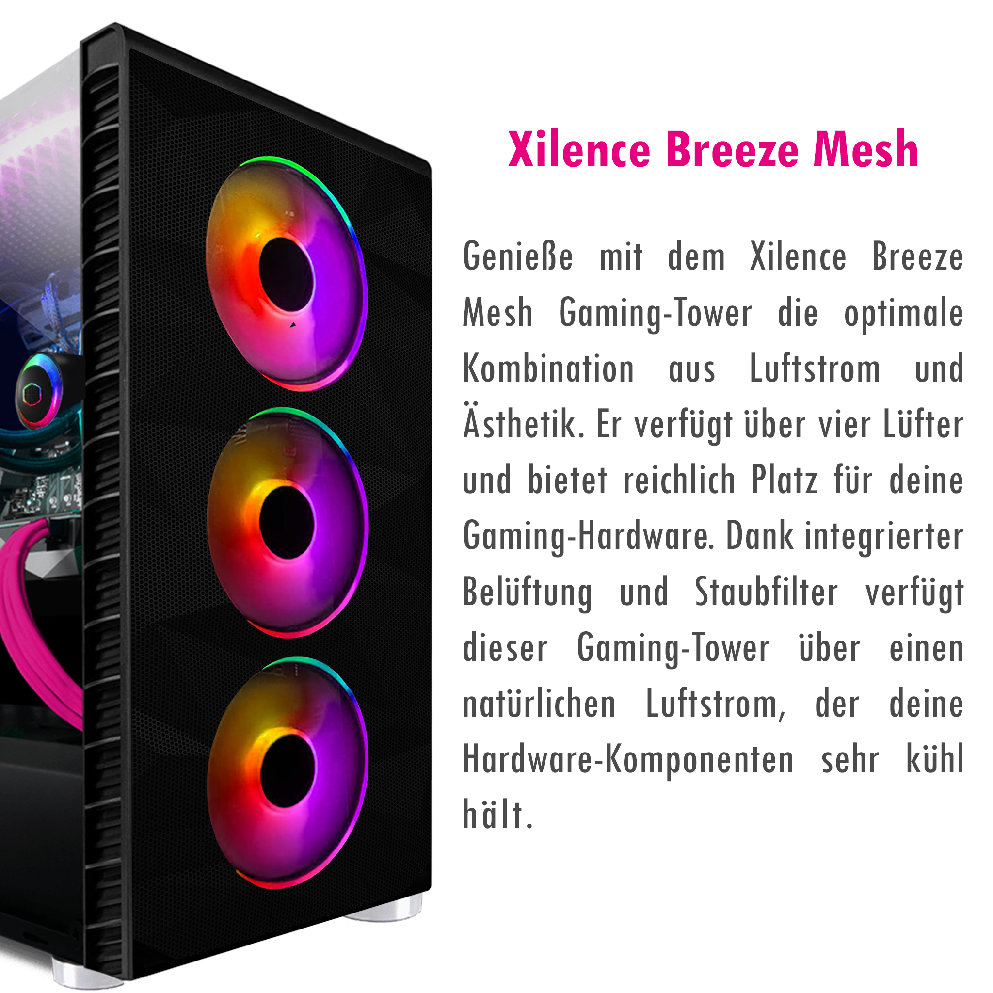 Schwarzes Computergehäuse mit drei kreisförmigen Lüftern mit Regenbogenlichtern. Text: 'Xilence Breeze Mesh'.