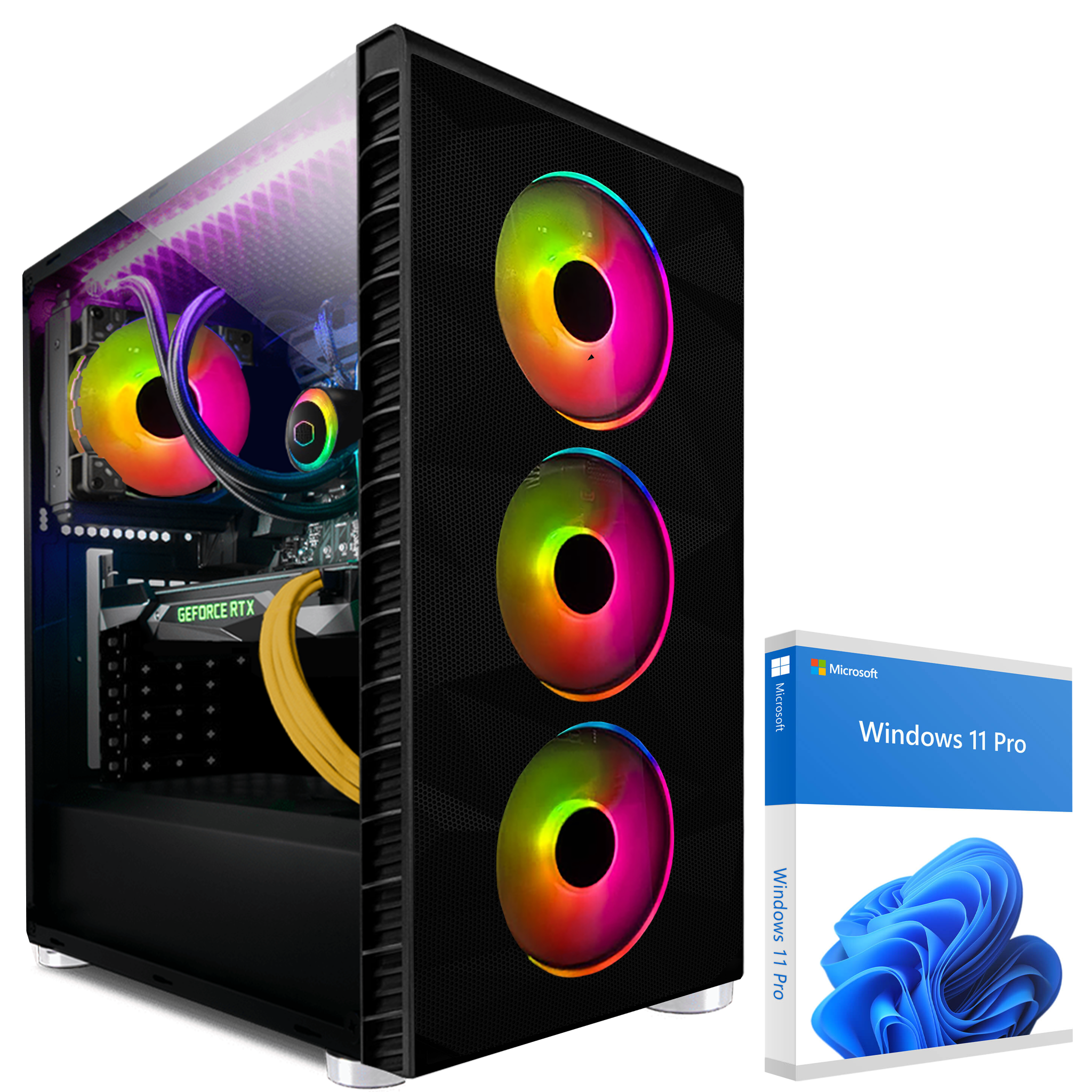 Ein Gaming-PC mit RGB-Lüftern und einer Windows 11 Pro-Box. Der PC hat ein schwarzes Gehäuse mit einer Glas-Seitenwand.