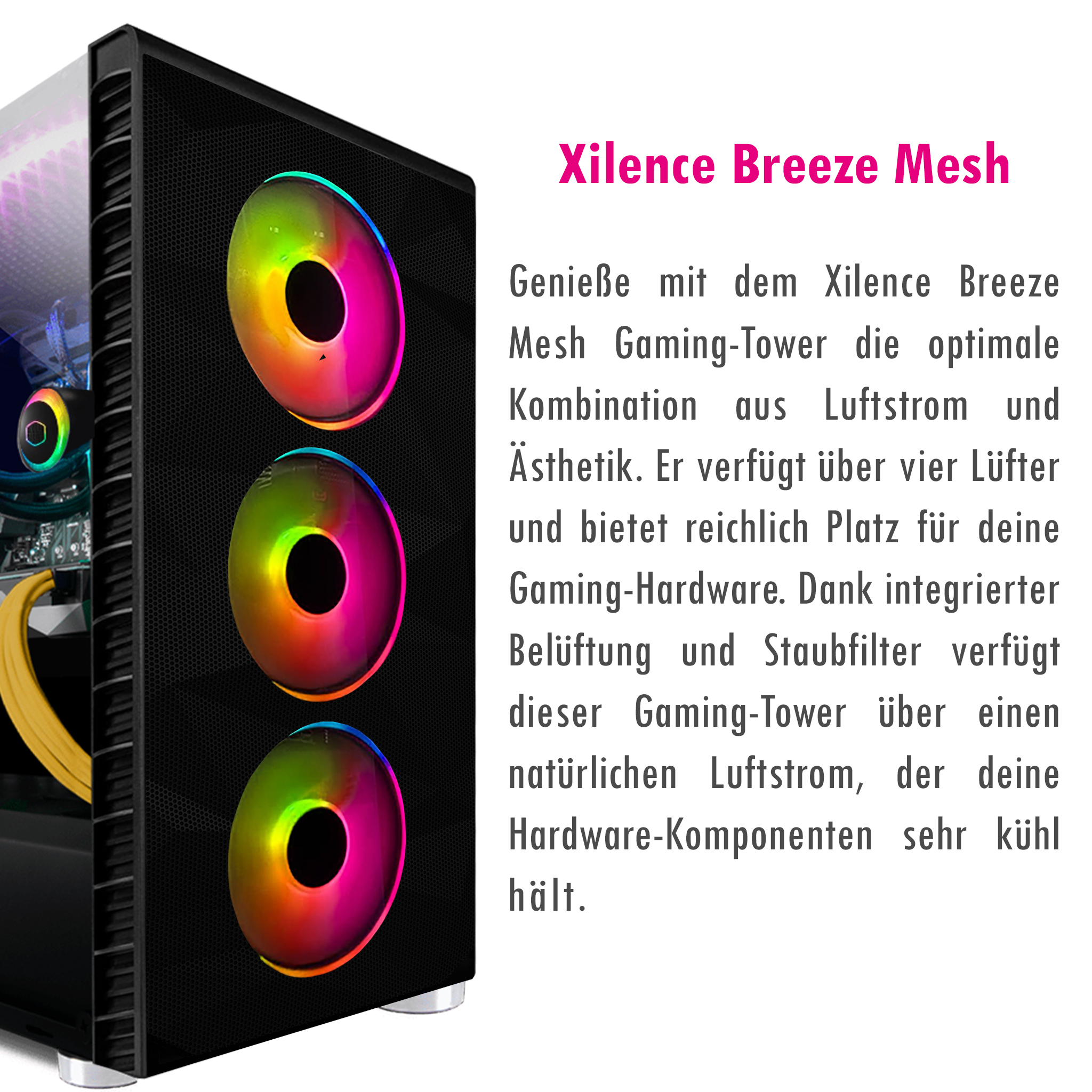 Ein schwarzes Computergehäuse mit drei bunten Lüftern. Das Gehäuse hat eine Mesh-Front und der Name Xilence Breeze Mesh ist zu sehen.