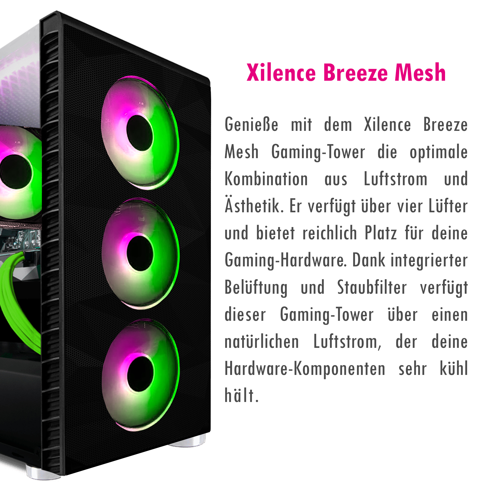 Schwarzes Computergehäuse mit RGB-Lüftern. Der Text rechts lautet 'Xilence Breeze Mesh'.
