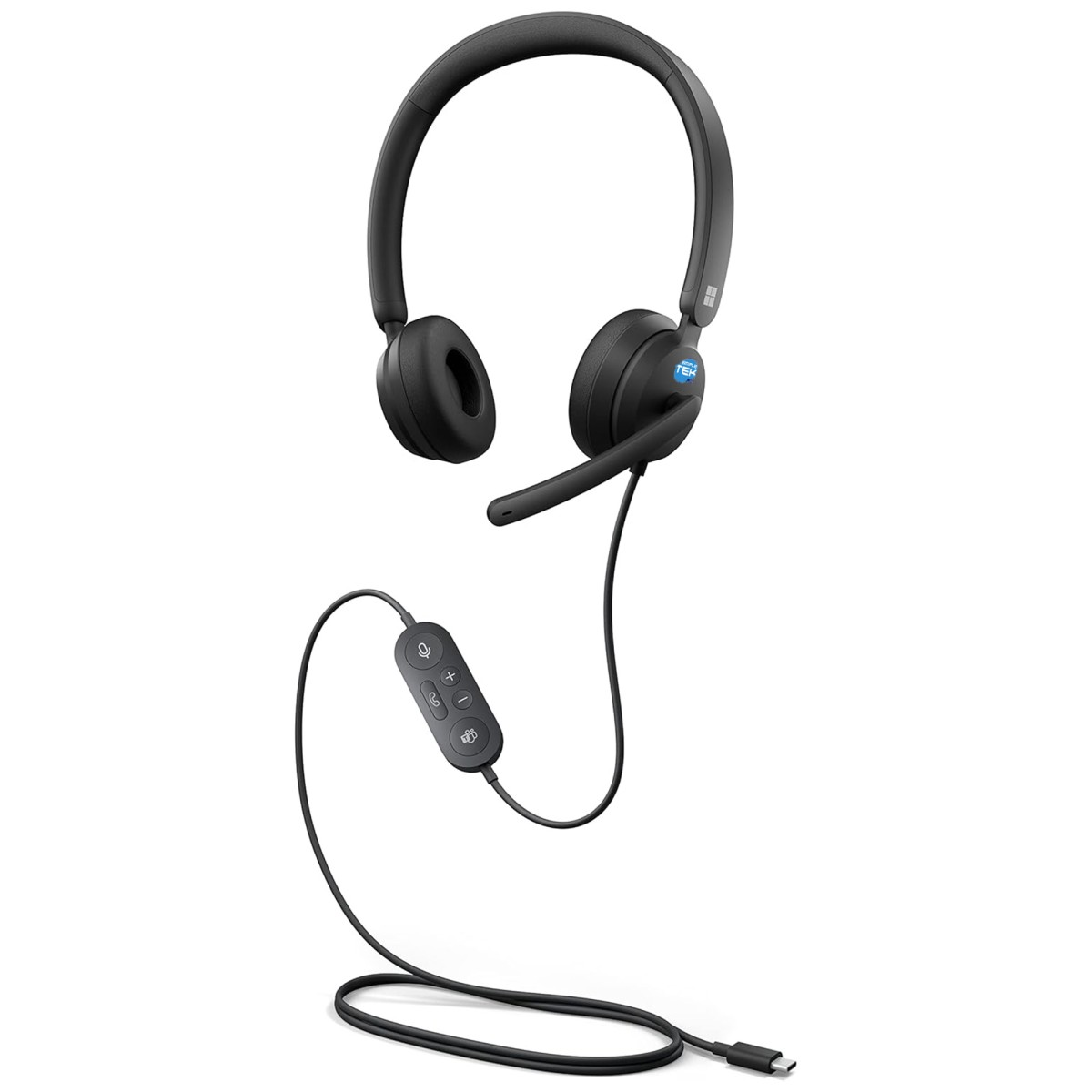 Cuffie nere con microfono e controlli in linea. Ha un connettore USB-C. Lo sfondo è bianco.