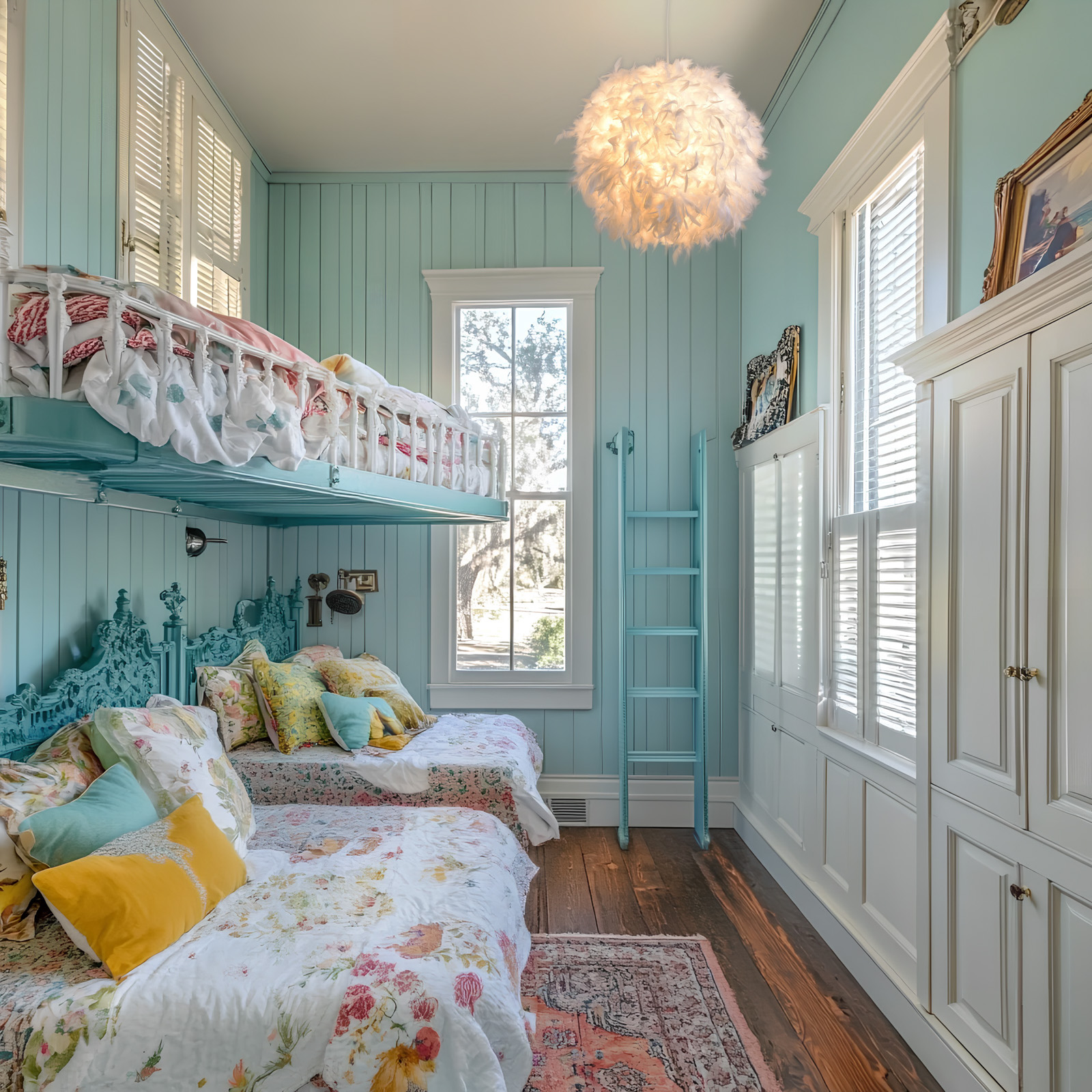 Schlafzimmer mit Etagenbetten. Blaue Wände und Decke. Zwei Betten unten, das obere Bett hat weiße Bettwäsche. Ein flauschiges Licht hängt.